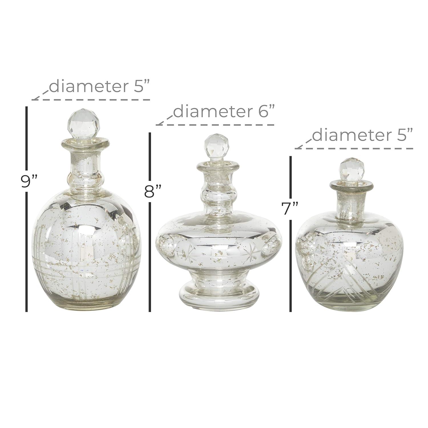 DecMode 8", 9", 7"H Silver Glass Decorative Jars with Crystal Stoppers, 3-Pieces