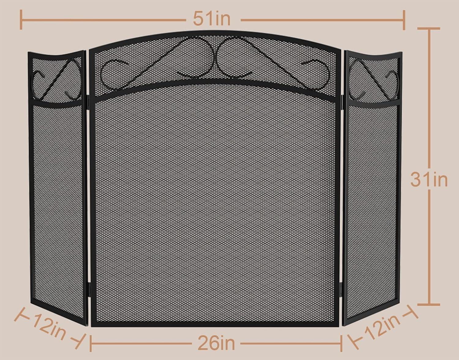 Fireplace Screen 3 Panel with Handles Wrought Iron 51"(L) x31(H) Spark Guard Cover