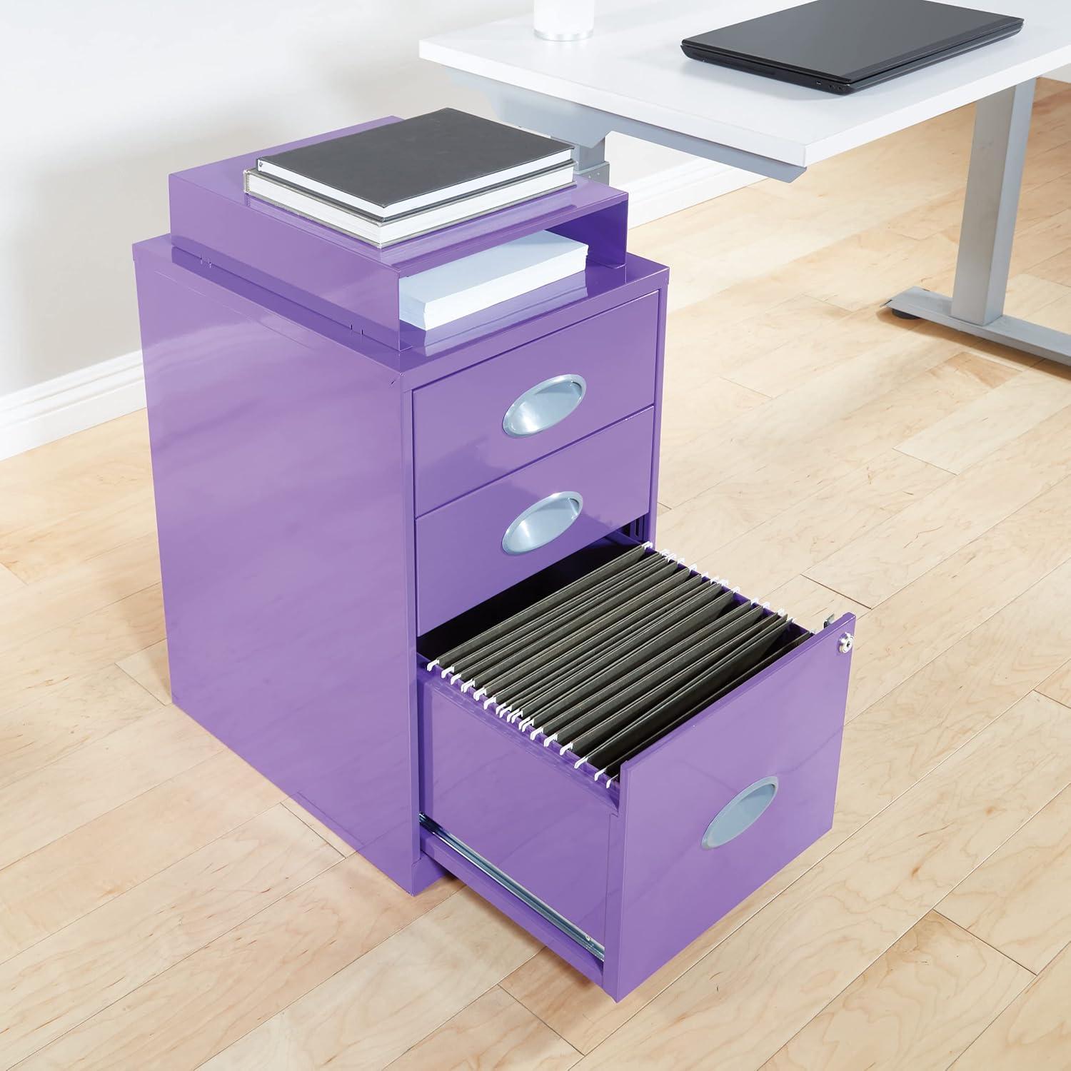 OSP Home Furnishings 3-Drawer Locking Metal File Cabinet, Purple