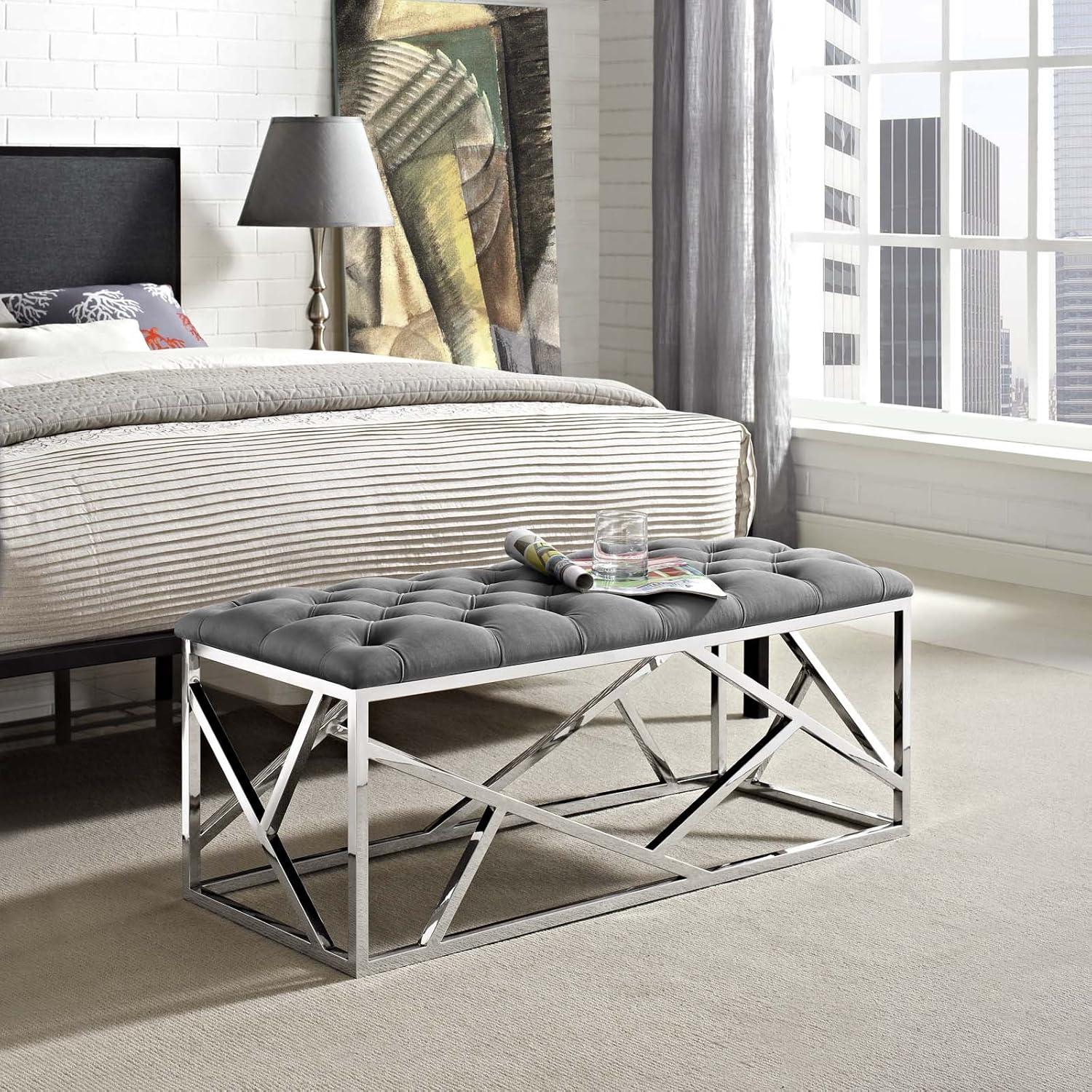 Elegance Luxe Silver Gray Tufted Velvet Bench with Stainless Steel Base