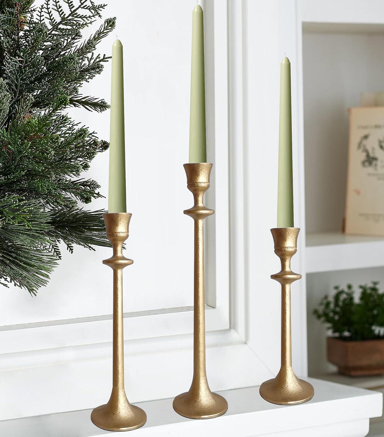 wwbo Set of 3 Exquisite Antique Brass Cast Iron Taper Candle Holders - Elegant Decorative Centerpieces for Wedding  Dining  Party - Tabletop Candlestick Holders for Christmas Decorations