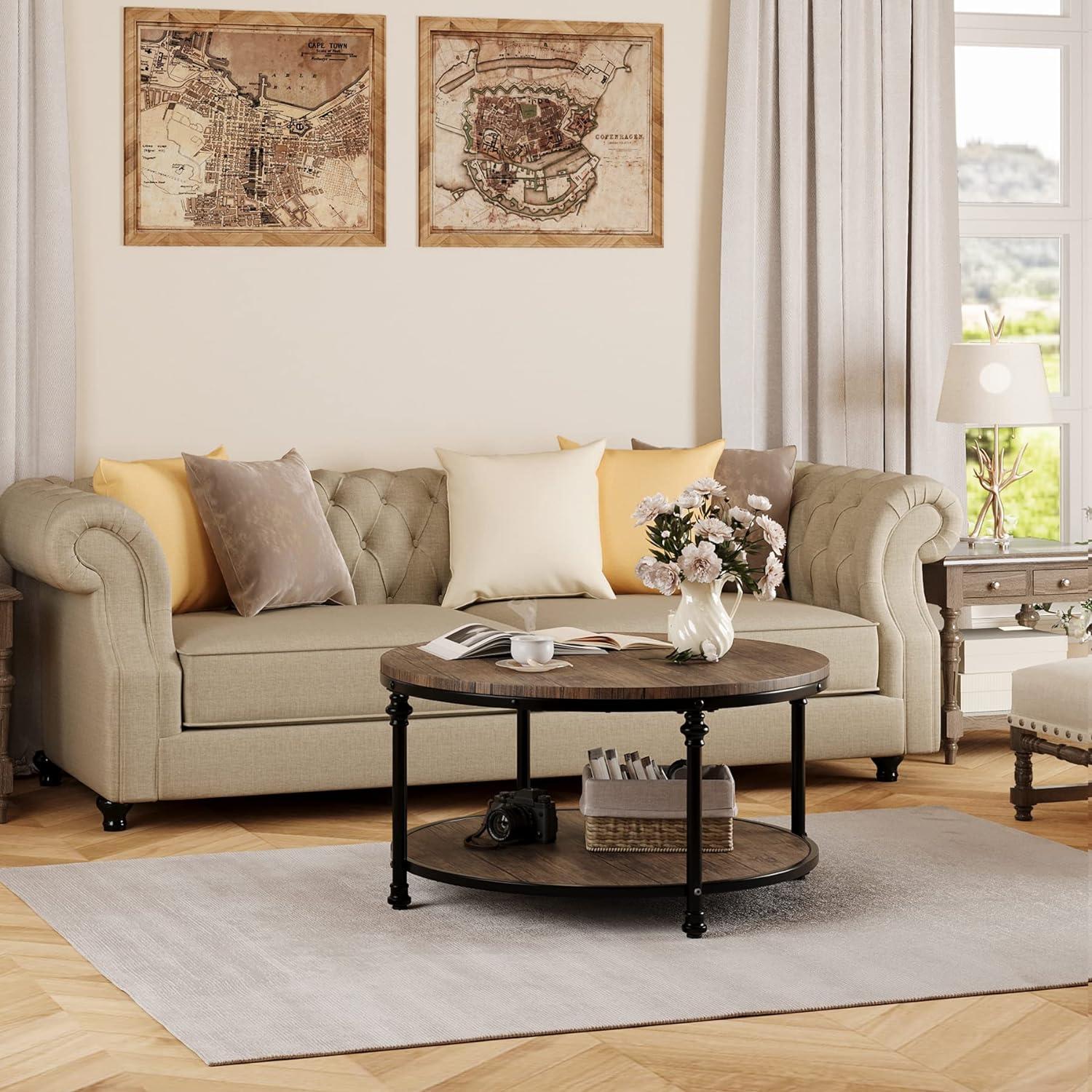 Light Walnut Round Coffee Table with Metal Roman Column Legs