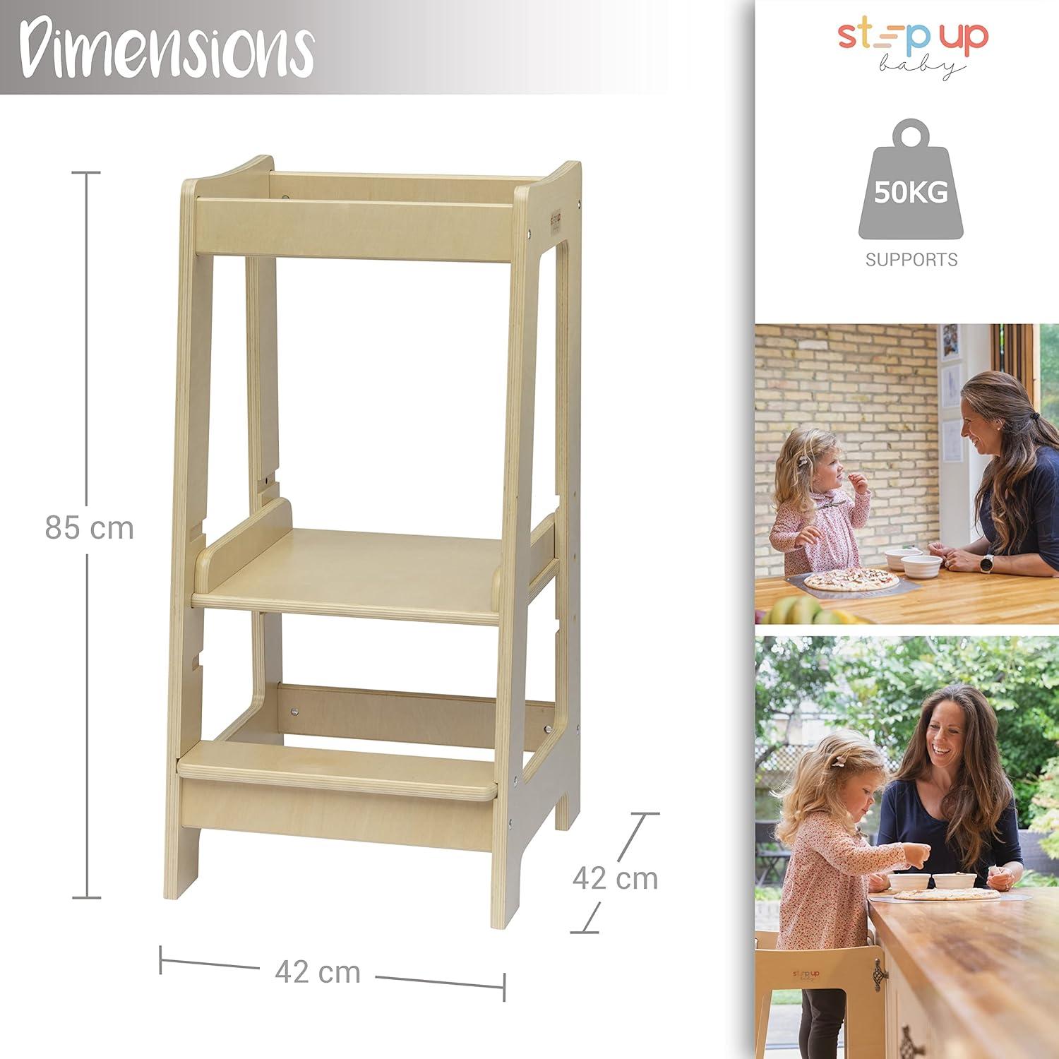 Adjustable Wooden Montessori Toddler Tower with Safety Rail