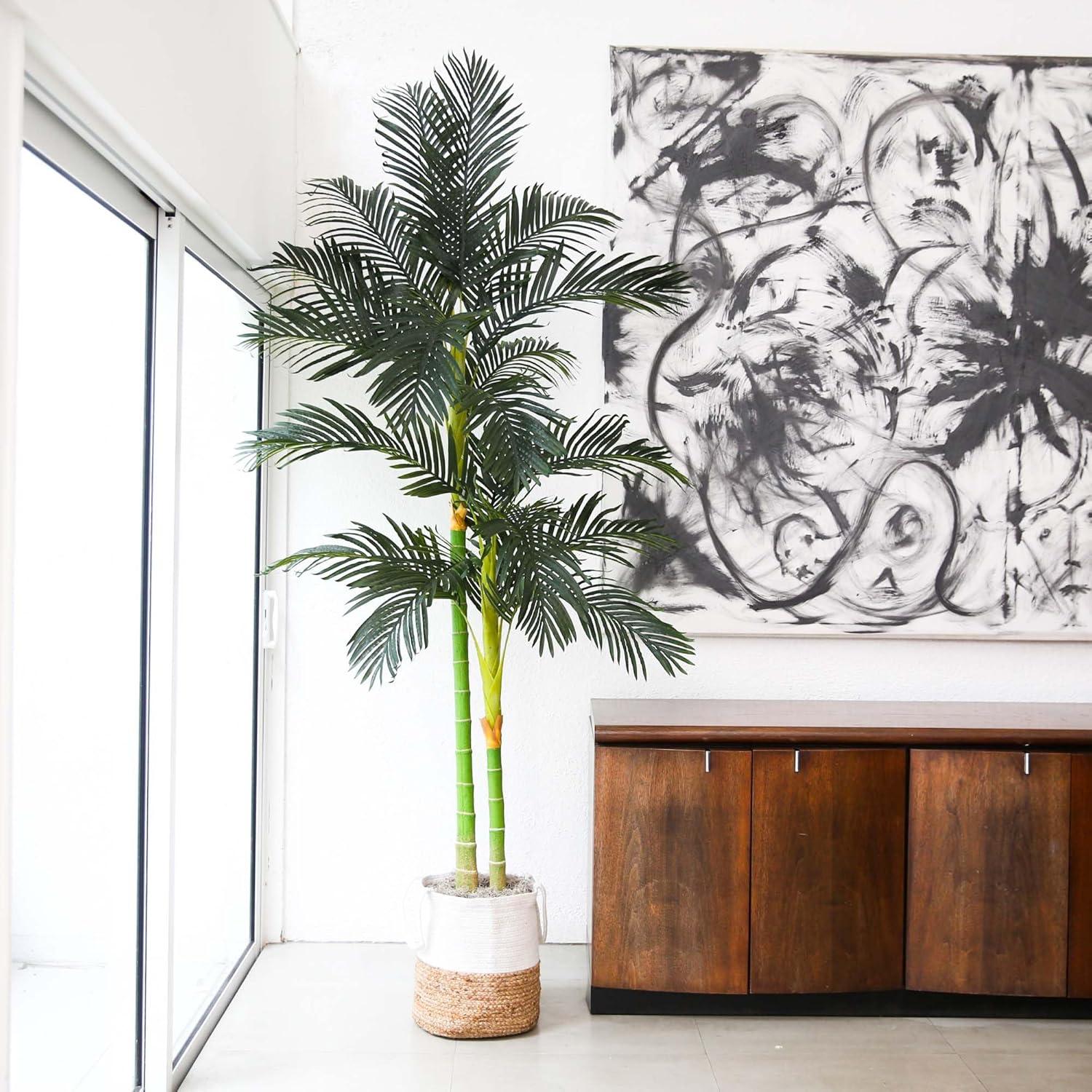 Nearly Natural 8ft. Golden Cane Artificial Palm Tree in Handmade Natural Cotton Planter