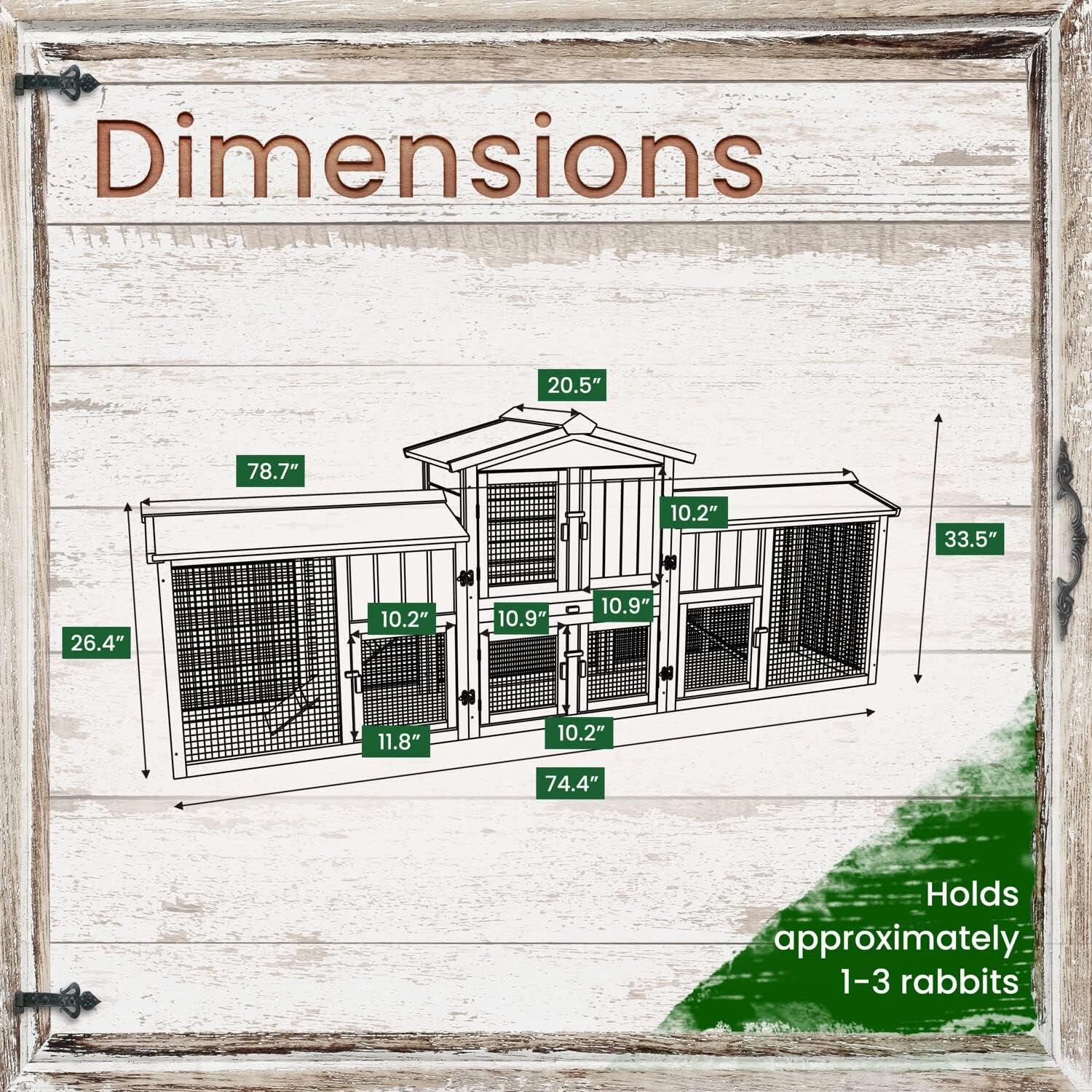 Hanover Outdoor Wooden Elevated Rabbit Hutch with Ramp, Run, Waterproof Roof and Removable Tray 6.5 Ft. W x 1.7 Ft. D x 2.8 Ft. H