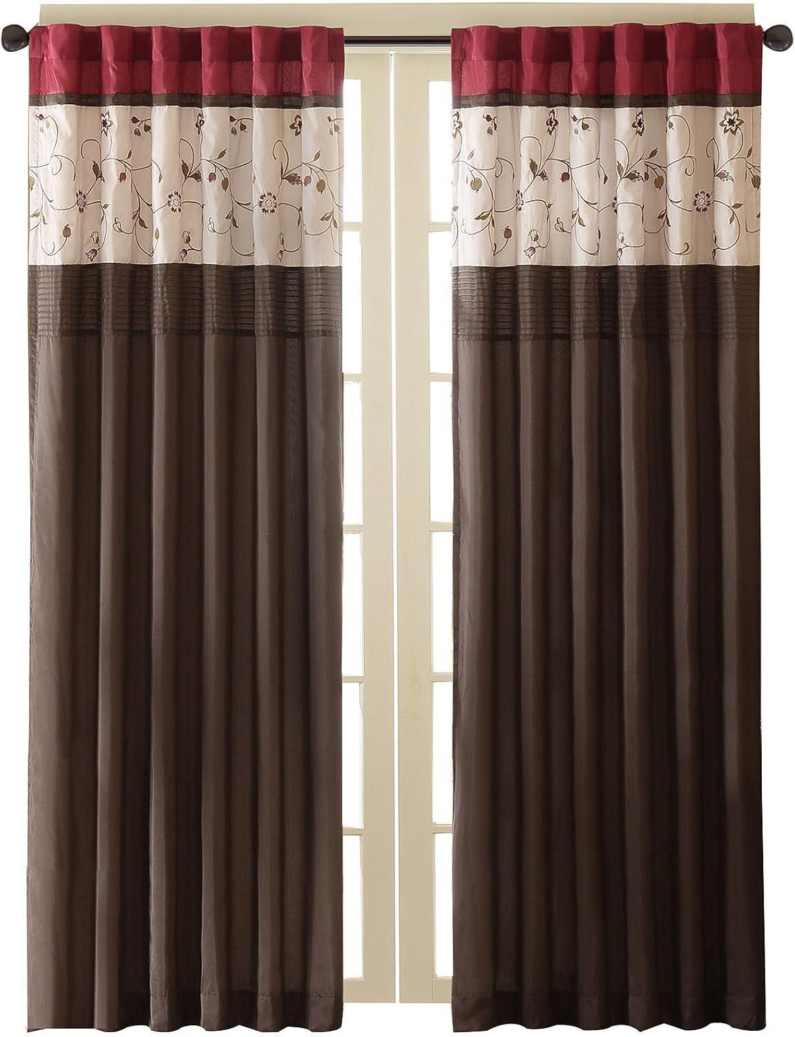 Madison Park Serene Embroidered Light Filtering Treatment Curtain Rod Pocket/Back Tab Single Window Panel Drape for Bedroom Livingroom and Dorm, 50x84", Red