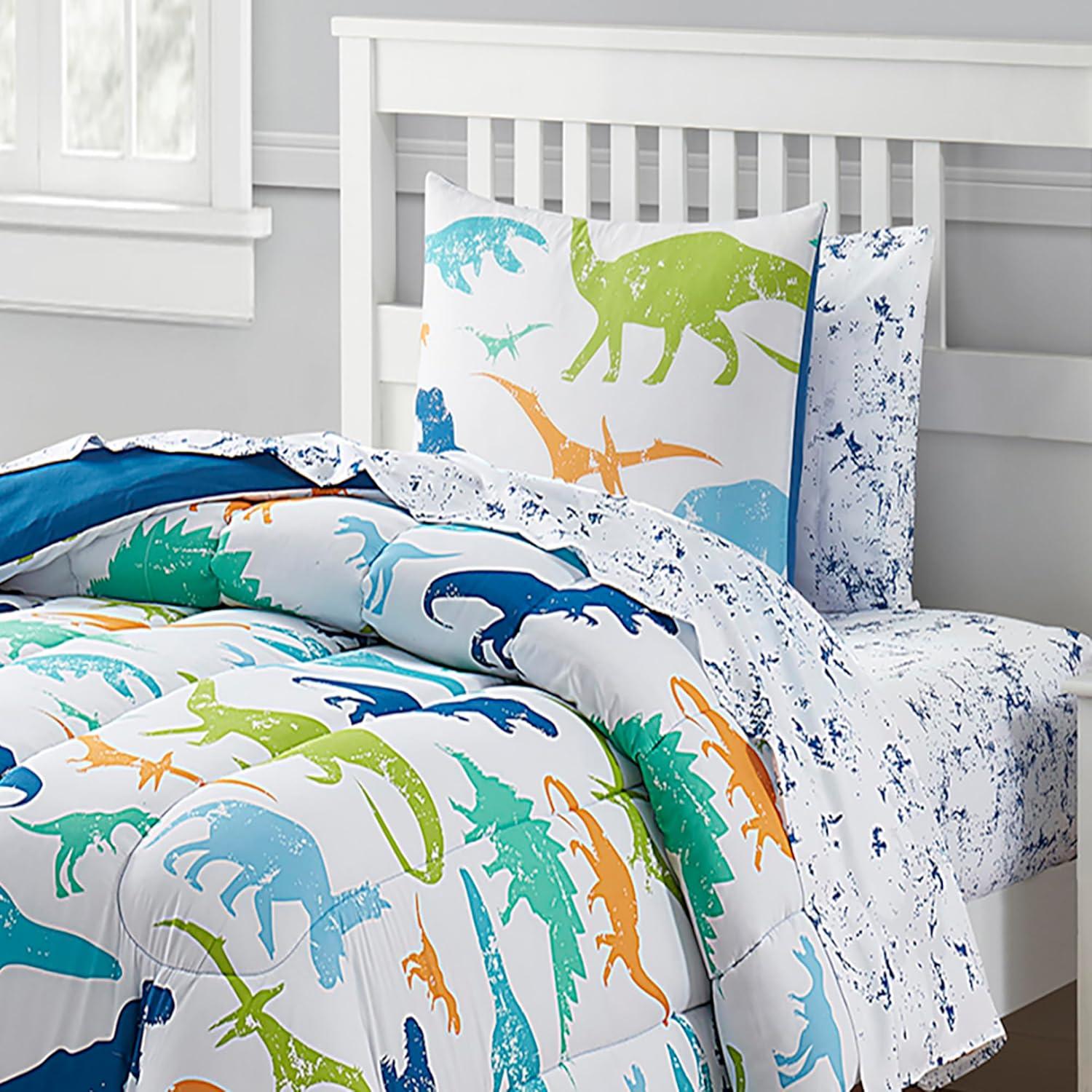 Dinosaur White/Blue/Green Microfiber Reversible Comforter Set