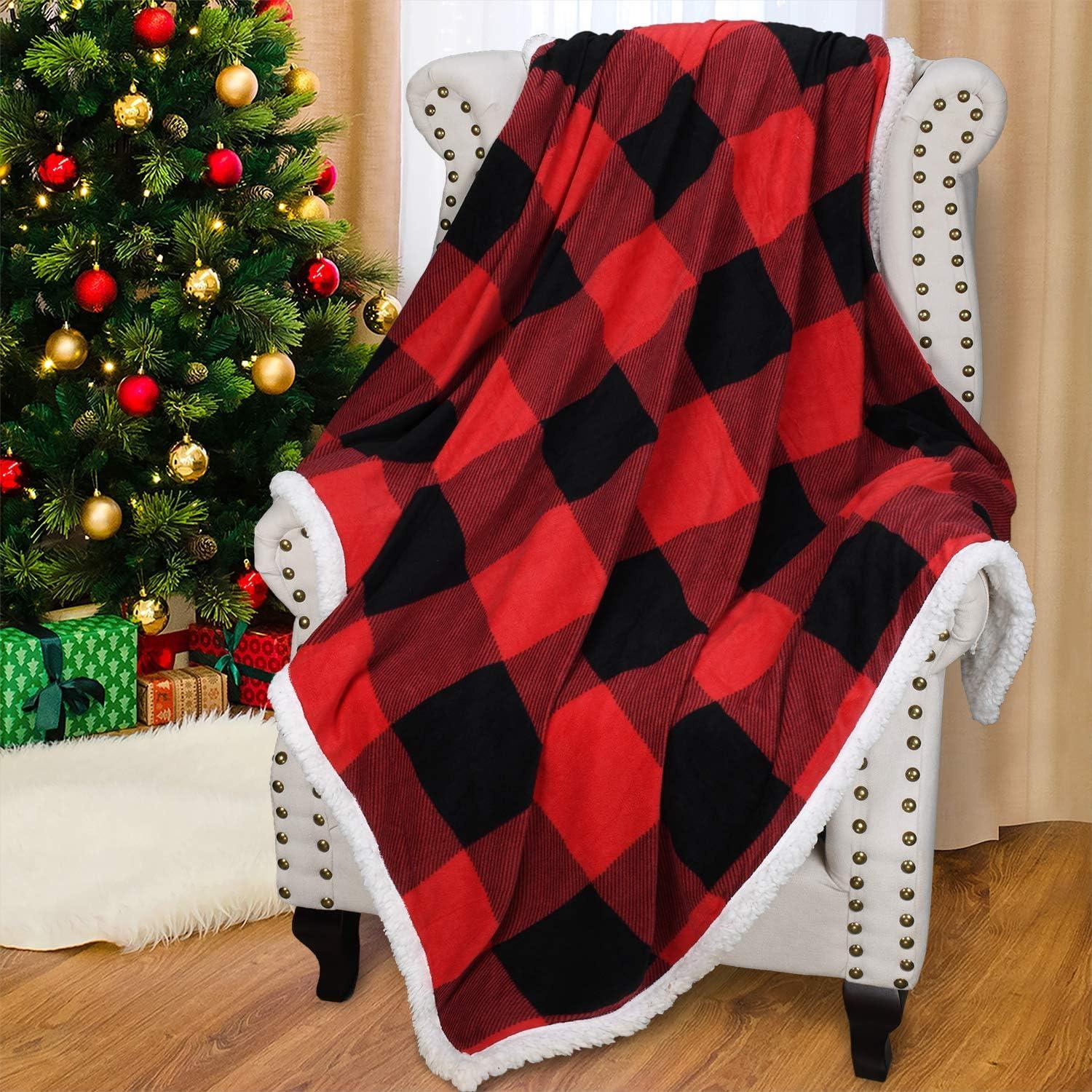 Red and Black Plaid Sherpa Reversible Fleece Throw Blanket