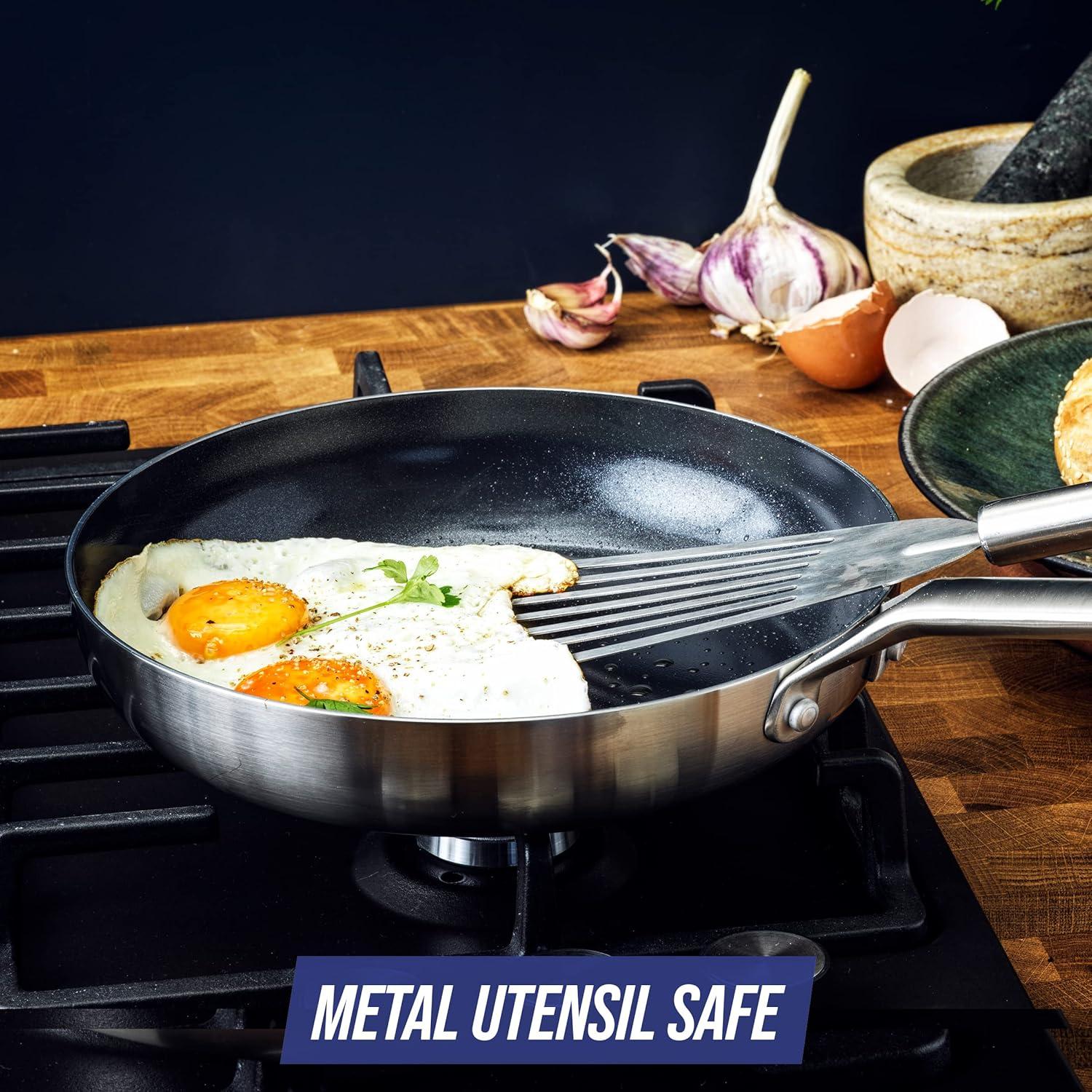 Blue Diamond Blue Diamond Cookware Tri-Ply Stainless Steel Ceramic Nonstick, 9.5" Frying Pan Skillet, PFAS-Free, Multi Clad, Induction, Dishwasher Safe, Oven Safe, Silver