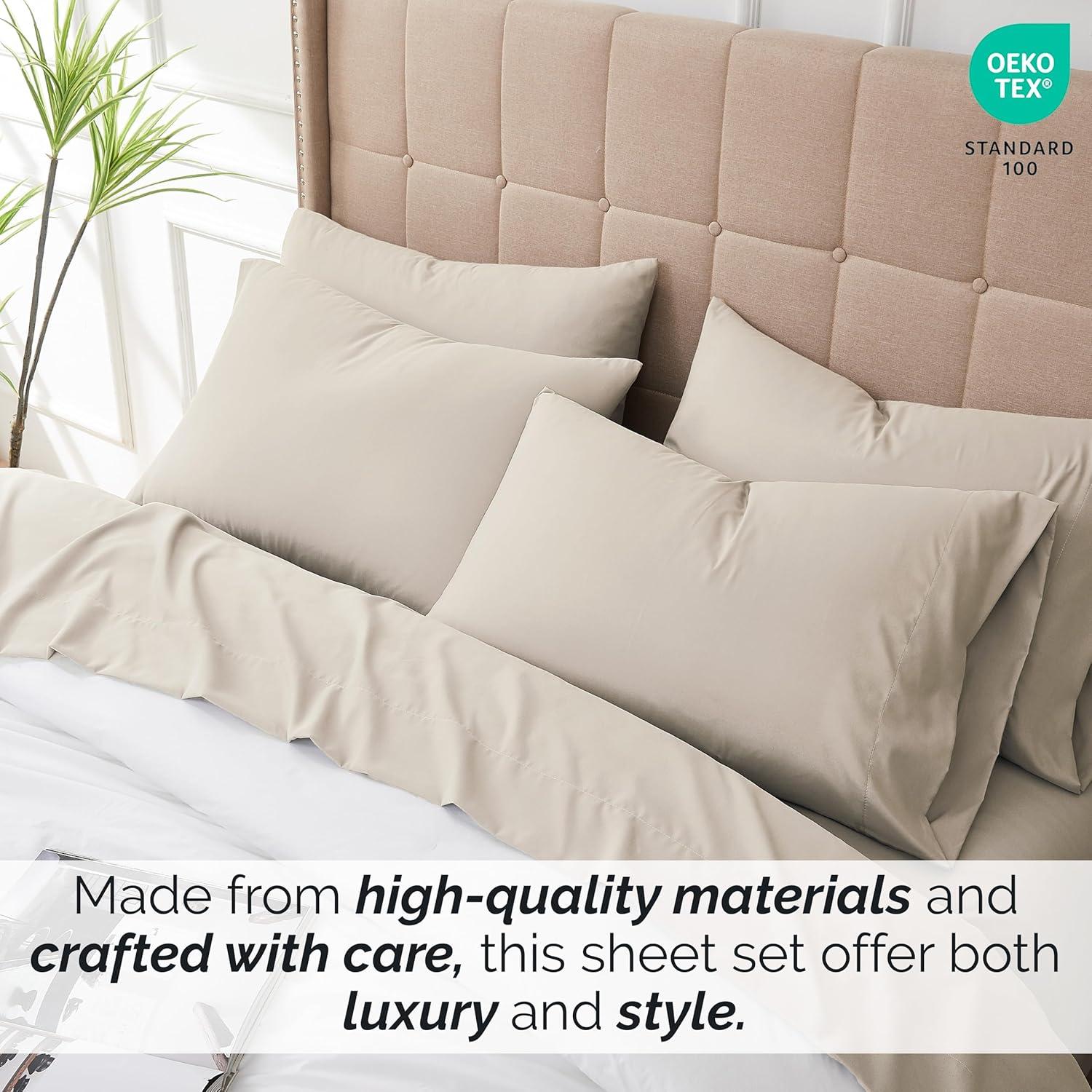 Southshore Fine Living, Inc. 6-Piece, 21-Inch Queen Sheets Deep Pocket, Pet Hair Resistant Queen Bed Sheet Set with Extra Deep Pocket Fitted Sheet, Bone Colored Sheets and Pillow Cases Set of 4, Bone