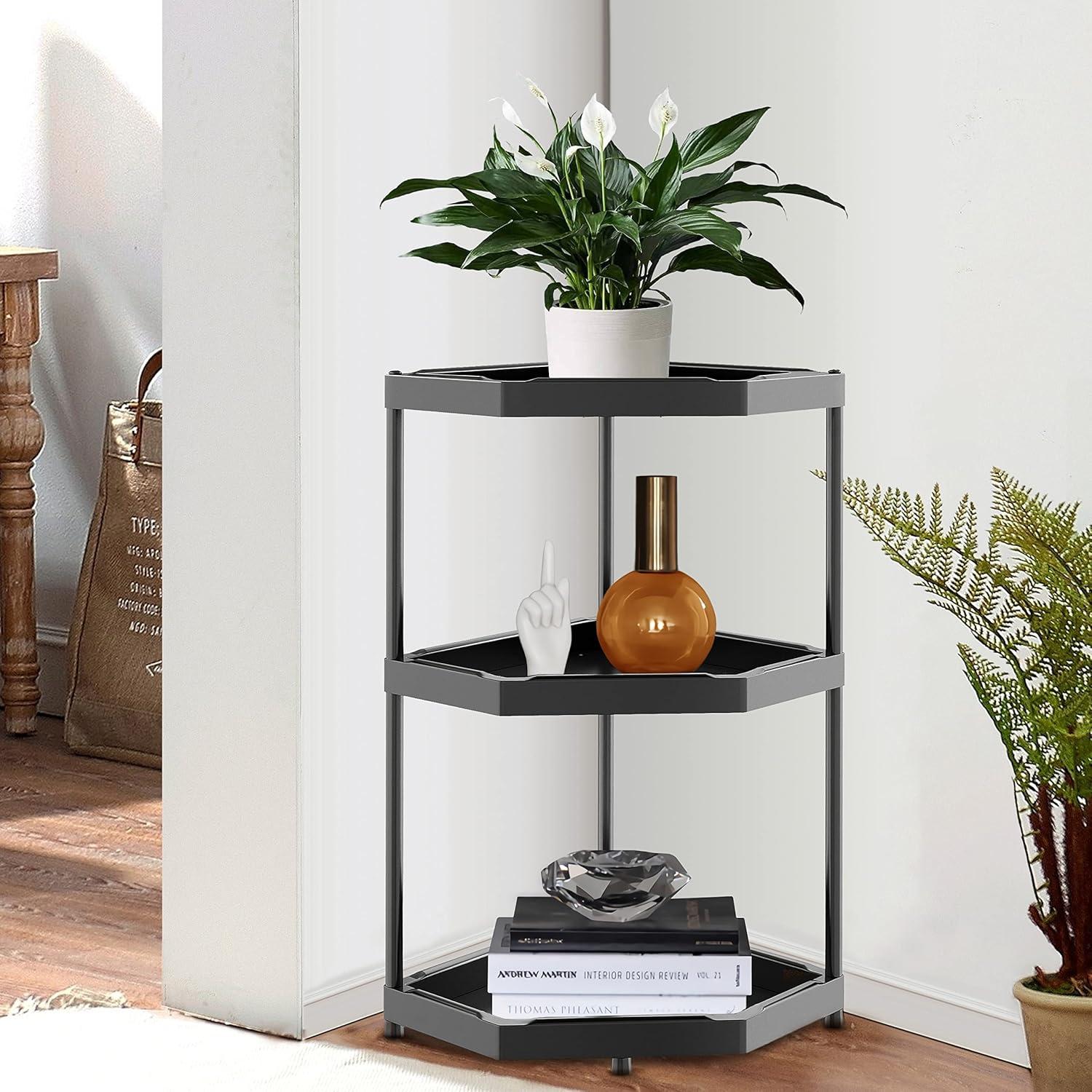 Black 3-Tier Corner Bookshelf with Carbon Steel and ABS