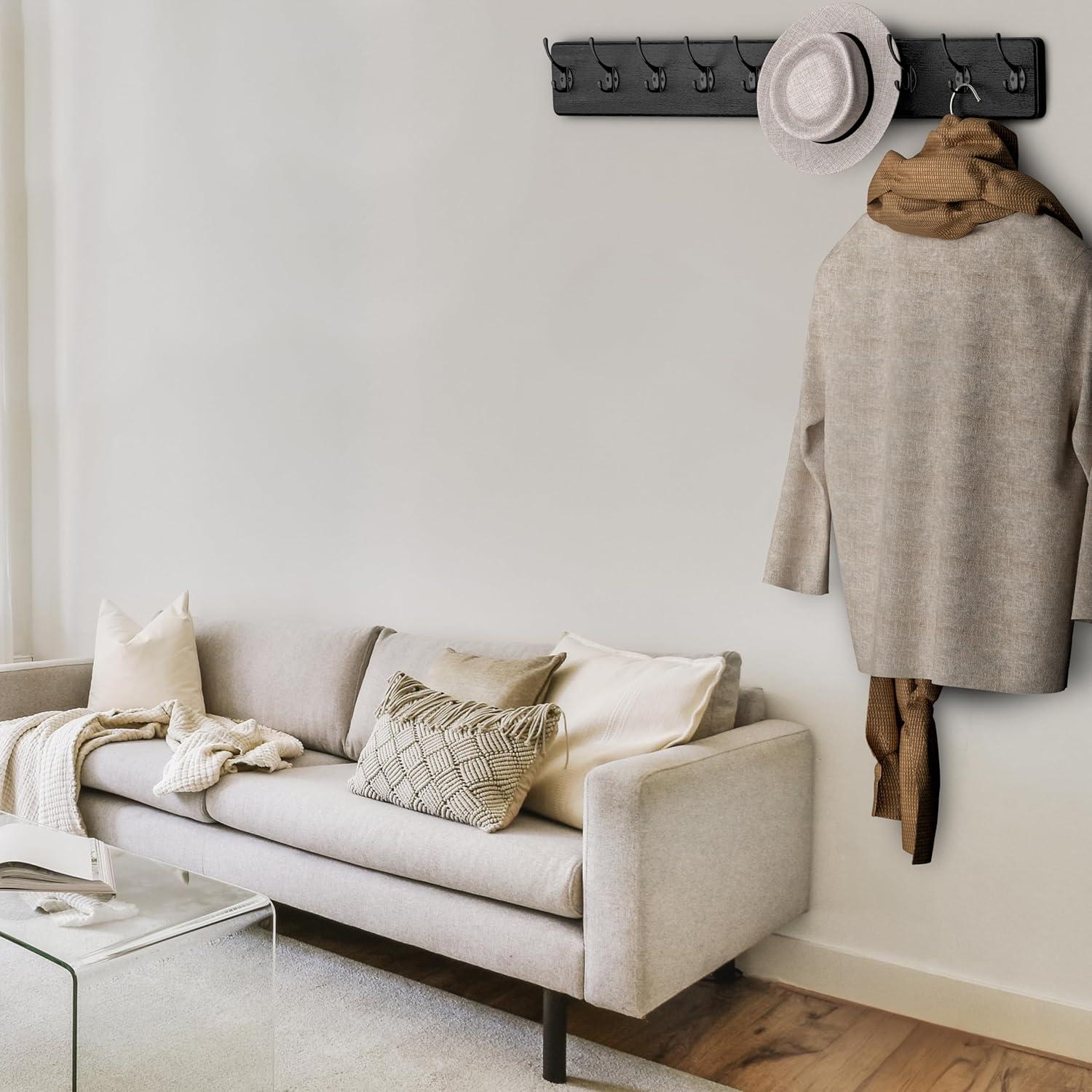 Rustic Coat Rack Wall Mount – 38.6 Inch Long Wall Mounted Coat Rack with 10 Hooks – Solid Pine Wood, Distressed Finish – Entryway Wall Hook Rack for Coats, Hats, Bags, Keys, Jackets - 2 Pack