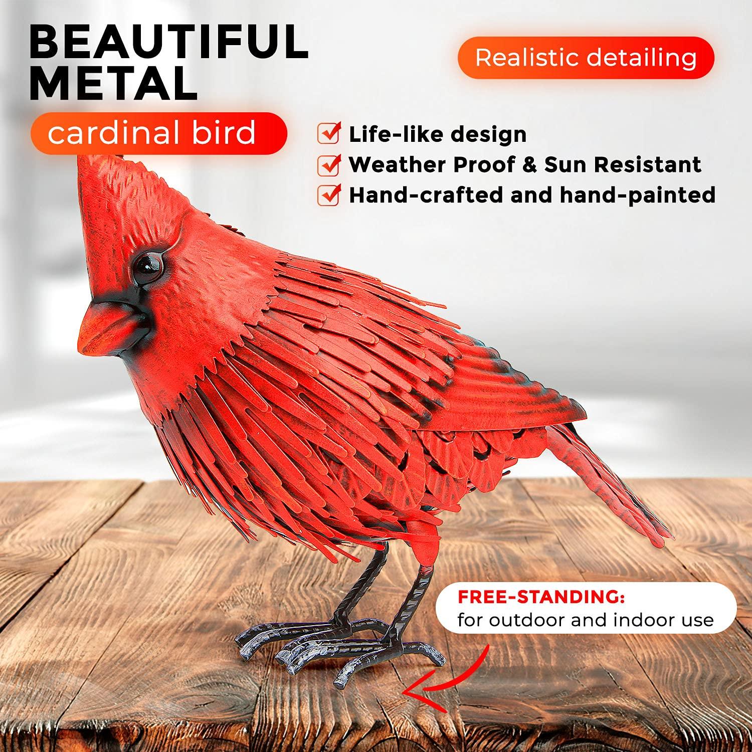 Cardinal Metal Bird Yard Art- Large Red Bird Outdoor Spring Decoration- Handmade Metal Garden Decor - Collectible w/Unique Realistic Design