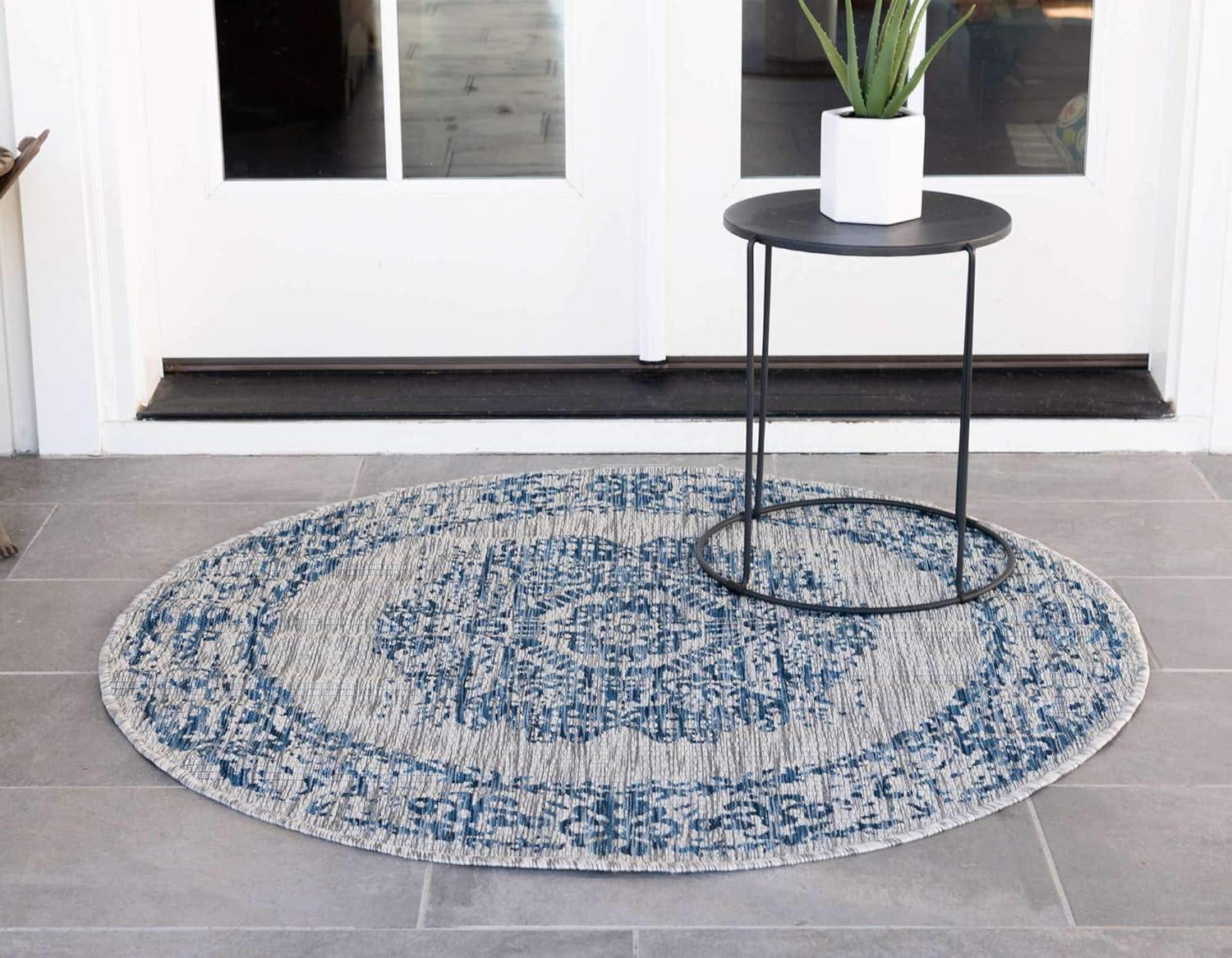 Unique Loom 4' 1 x 4' 1 Round Indoor/Outdoor Traditional Blue Area Rug