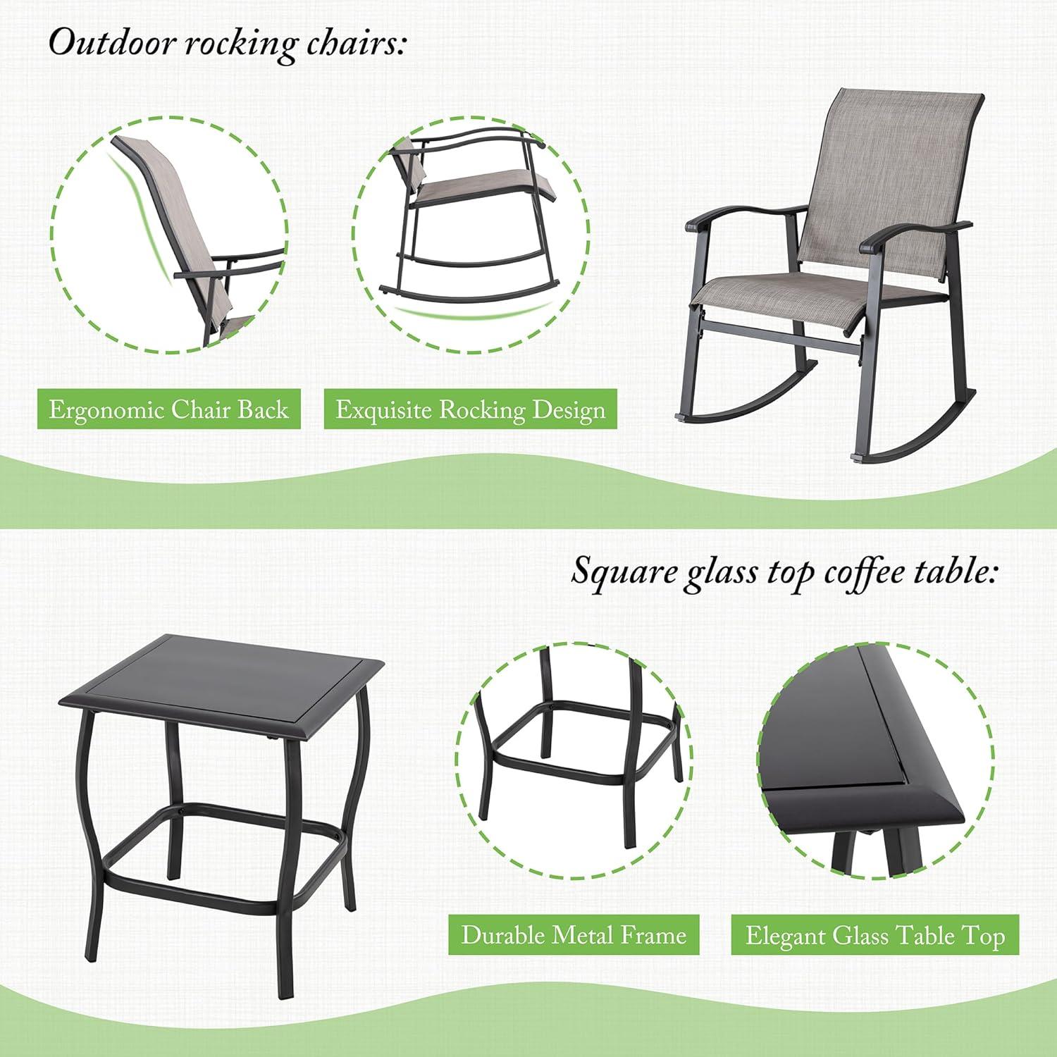 Sobaniilo 3 Piece Outdoor Rocking Bistro Set, Textilene Fabric Rocking Chair Set with Glass Table, for Lawn, Garden, Balcony, Poolside (Taupe)