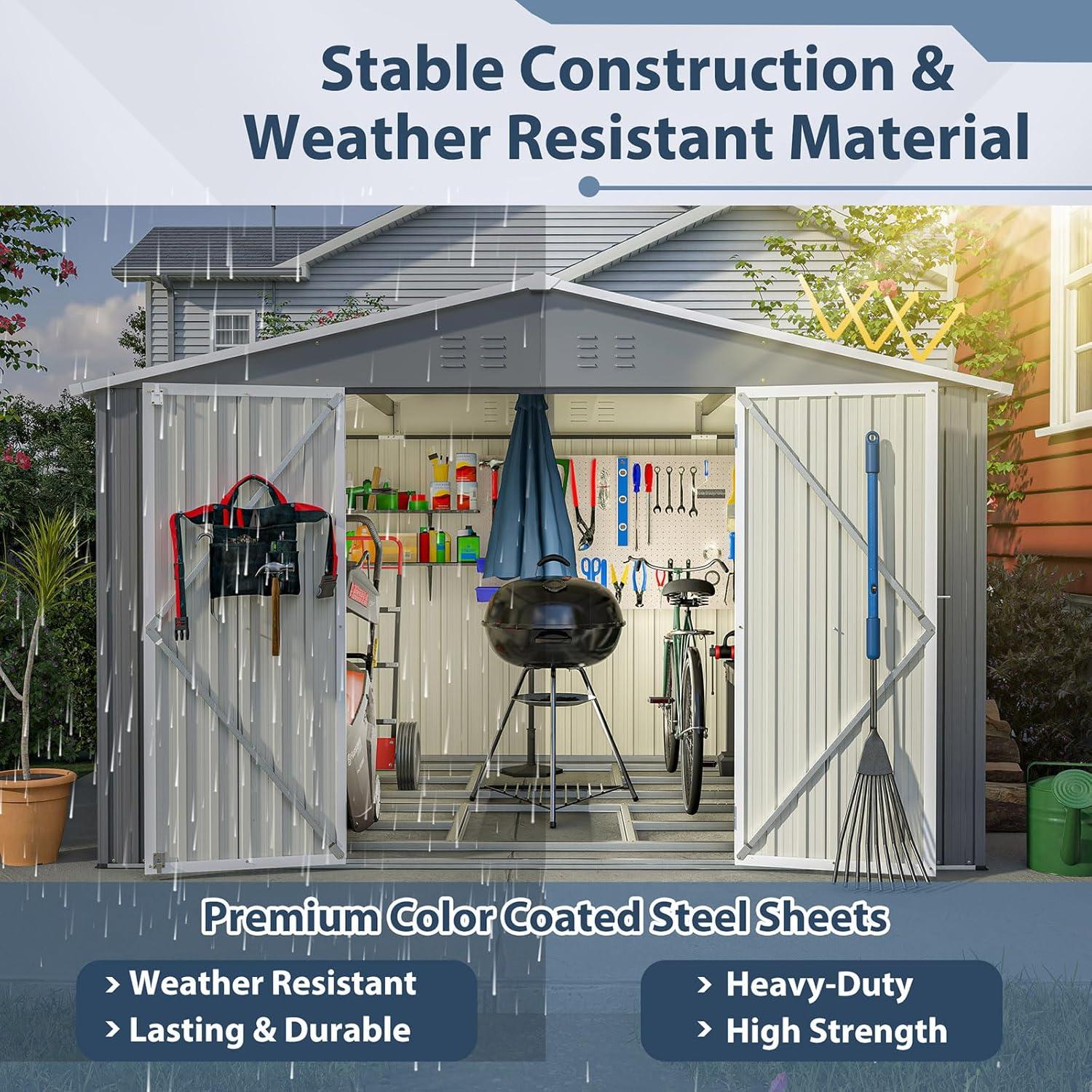 Gray Metal Outdoor Storage Shed with Lockable Doors