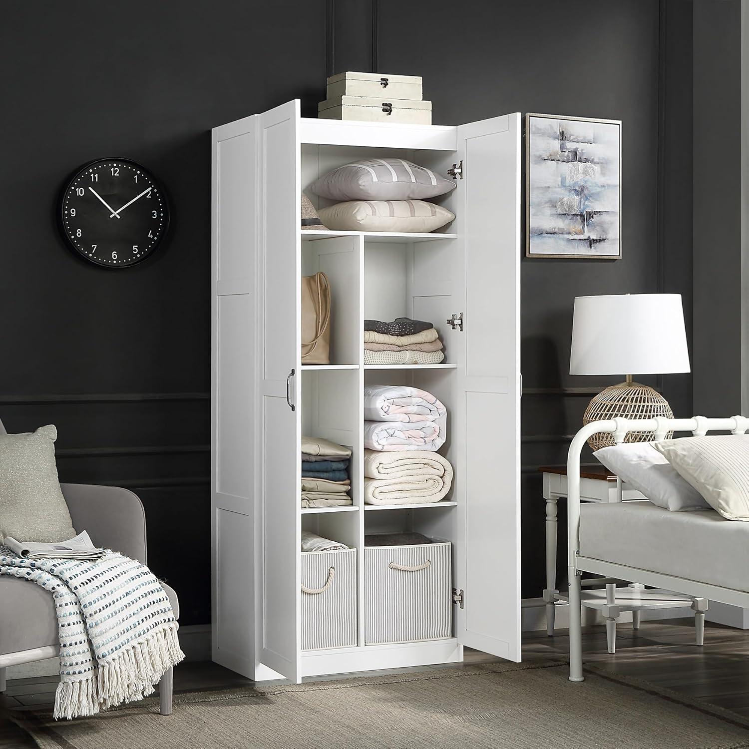 White Matte Freestanding Wardrobe with 7 Shelves