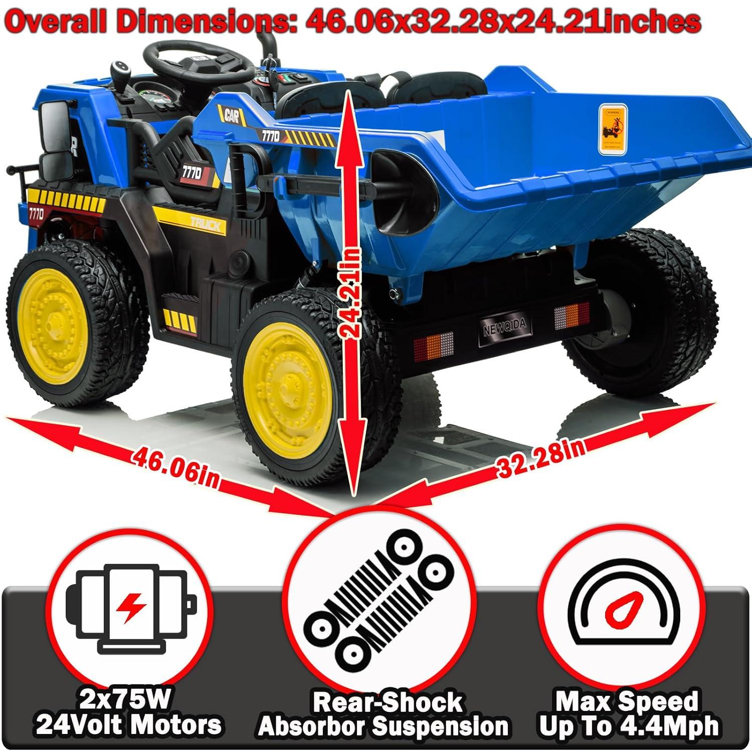 NEWQIDA 12V Ride On Dump Truck for Kids Car with Remote Control Construction Vehicles with Electric Dump Bed/Shovel, Ride On Toys for Boys Girls, 19" Spacious Seat, Music, Soft Start, Music, Blue