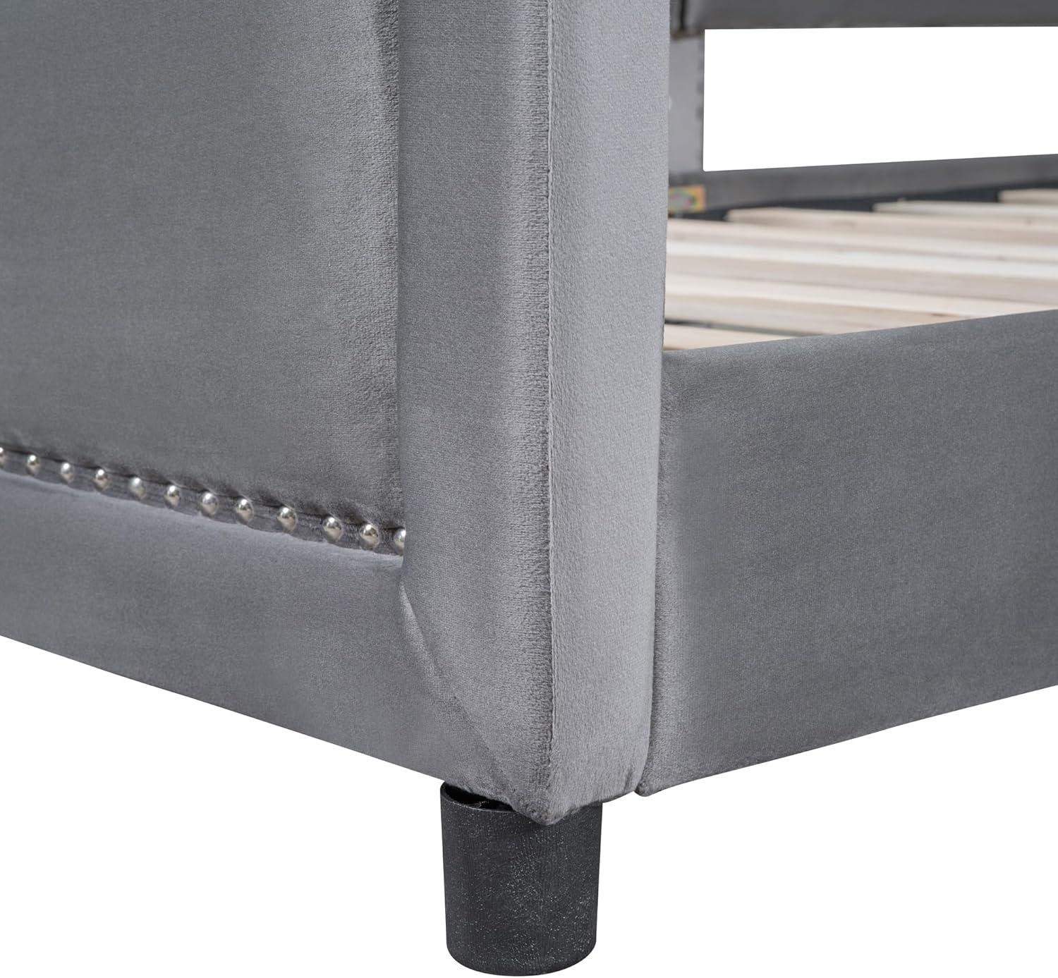 Twin Size Upholstered Bed with Belgrave Headboard, Low Platform Bed Frame with Rails, Kids Velvet Daybed with Slats Support for Girls Boys Teens, Gray
