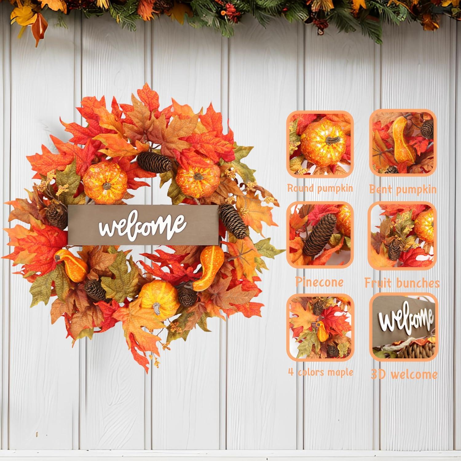 Fall Wreath 20’’ Autumn Front Door Wreath Harvest Wreath with Sunflower Pumpkins Berries Maple Leaves Daisies for Outside Indoor Home Wall Festival Thanksgiving Autumn Farmhouse Decor