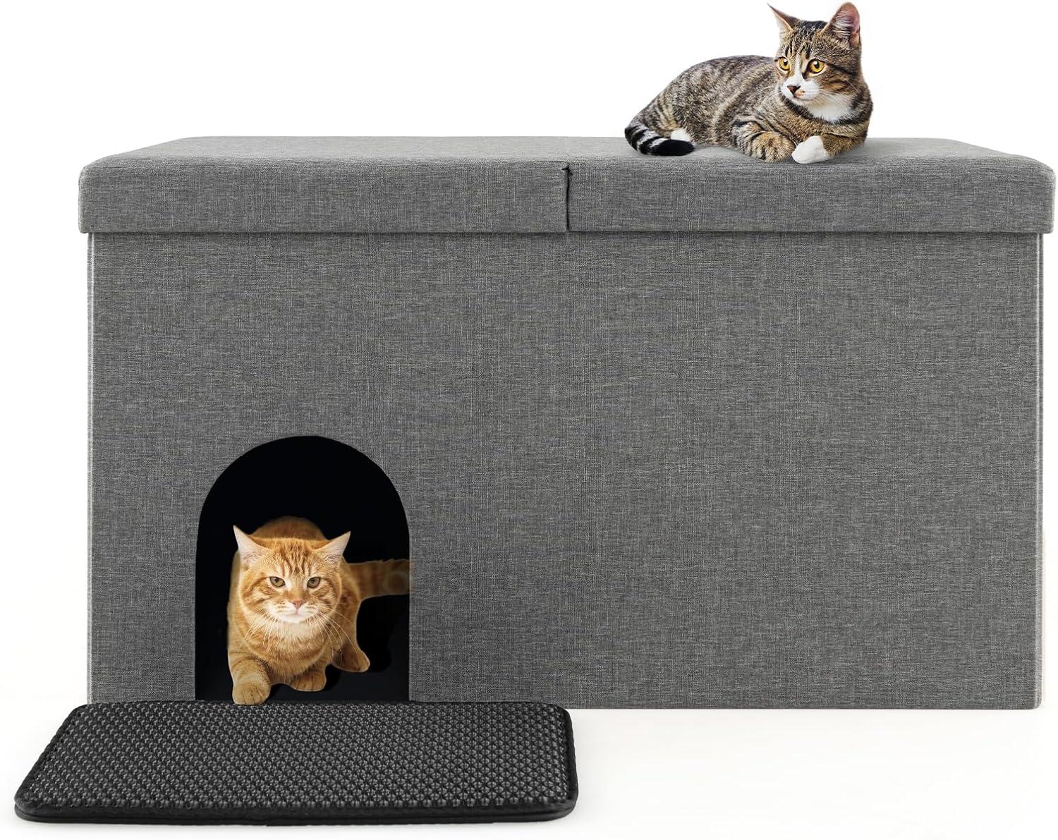 Cat Litter Box Enclosure Hidden Furniture with Urine Proof Litter Mat-Gray, Cat Litter Box Enclosure , Hidden Cat Washroom Furniture, Pet Crate for Living Room, Bedroom, Balcony