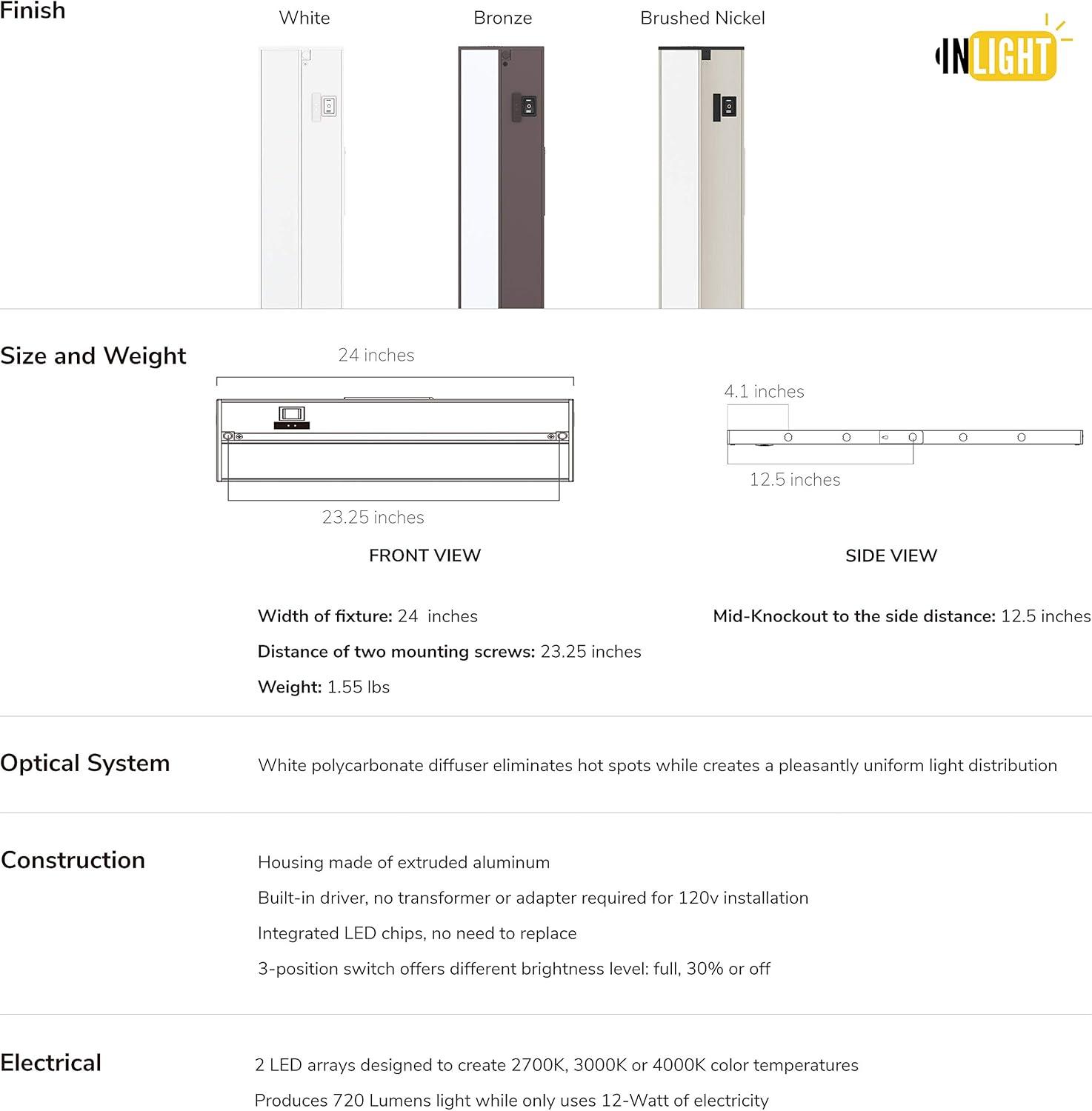 Inlight 24-inch 3 Color Levels Dimmable LED Under Cabinet Lighting, 2700K/ 3000K/4000K