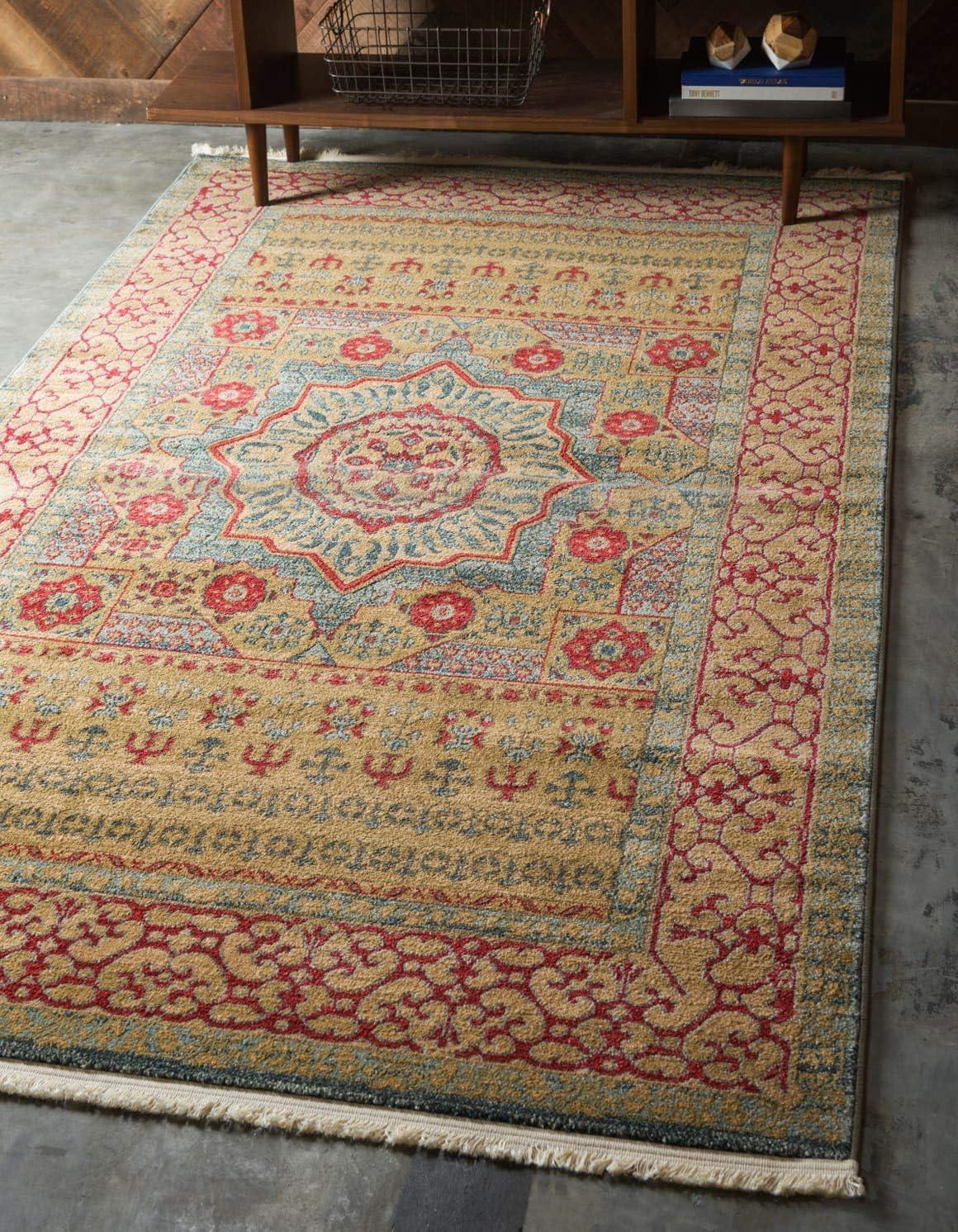 Light Blue and Red Synthetic 6' x 9' Traditional Area Rug