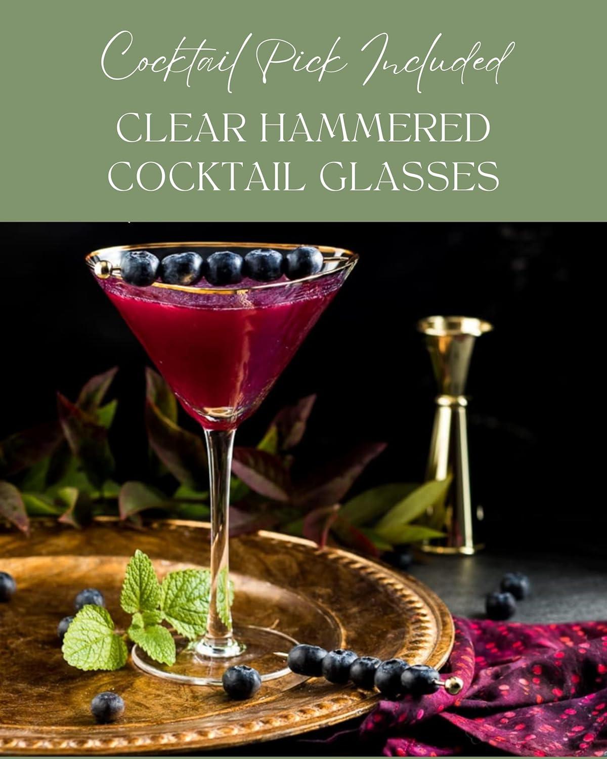 Sisterly Drinkware Clear Hammered Martini Glasses Set of 2 – Handmade Gold Rim Cocktail Glasses with 2 Gold-Plated Picks & 2 Coasters – 8 oz Elegant Barware for Martinis, Cocktails & Mocktails