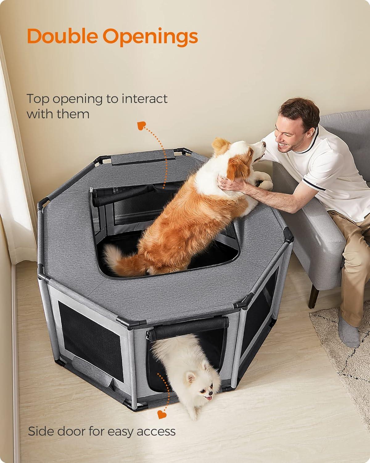 Feandrea Dog Playpen, Oxford Fabric Dog Fence, Octagon Dog Crate, L, 44.1 x 44.1 x 24.4 Inches, PVC Pipe Frame, Breathable Mesh, Double Openings, Dove Gray and Slate Gray UPDC003G01