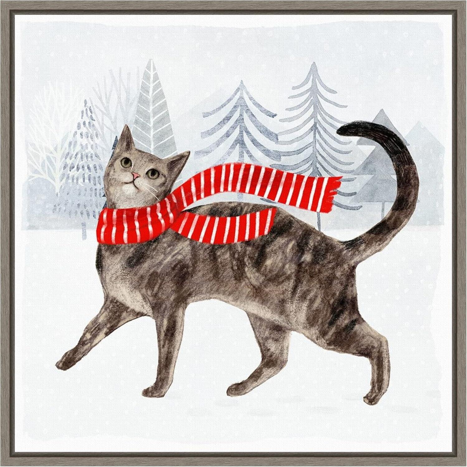 Christmas Cats and Dogs Canvas Print with Grey Frame