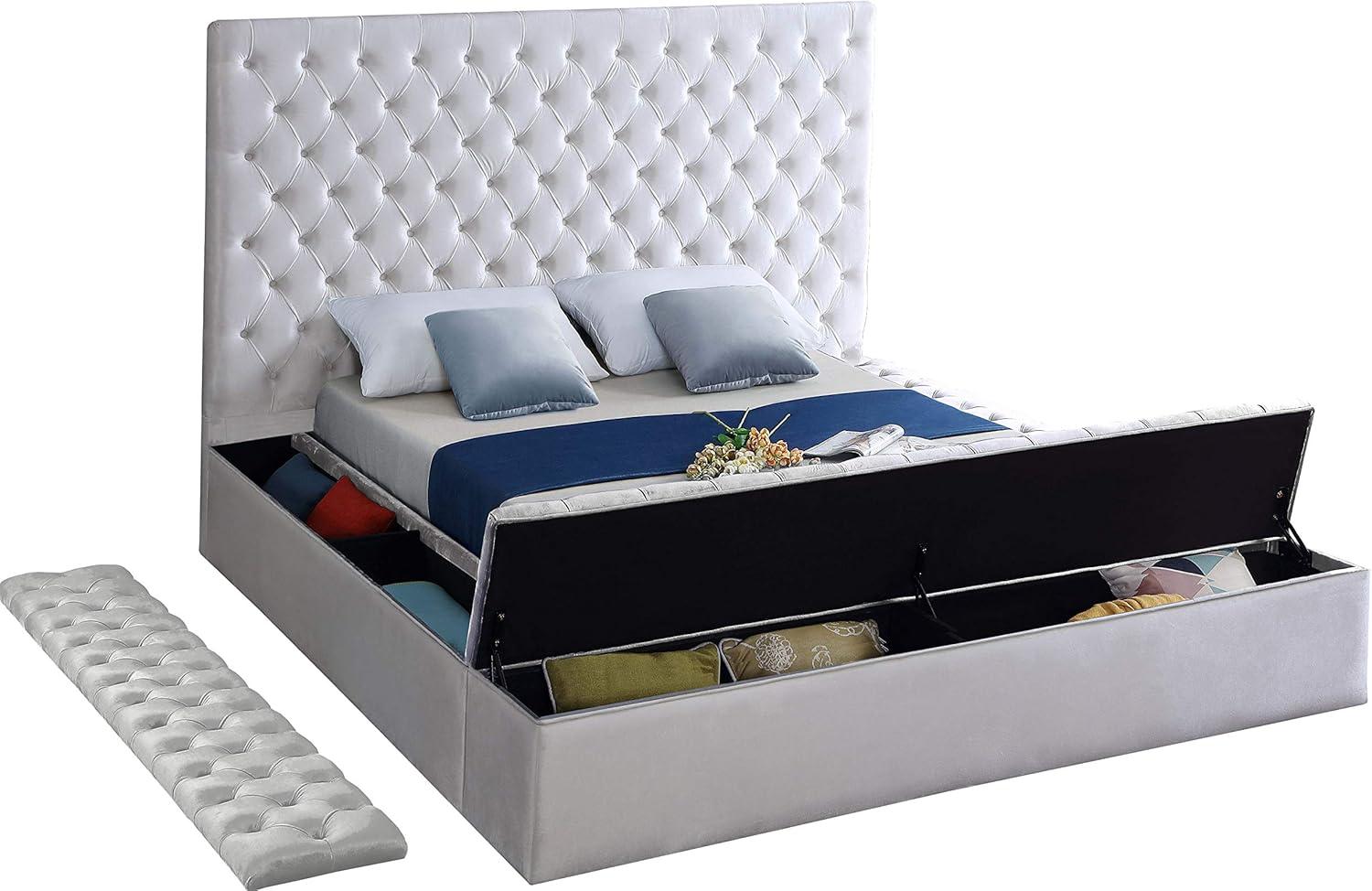 Bliss White Velvet Queen Upholstered Storage Bed with Tufted Headboard