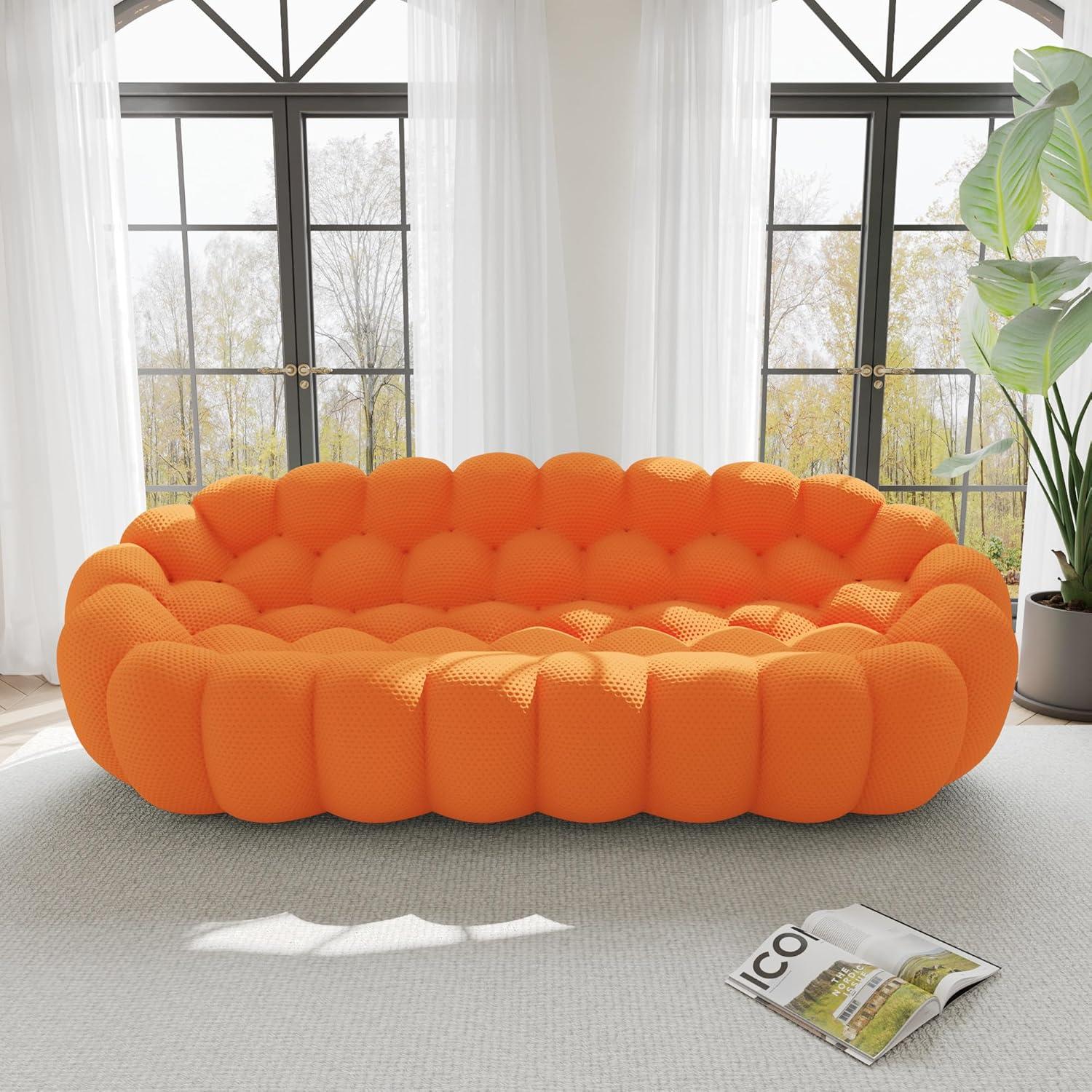 Bubble Couch, 98.43'' Modern 3-Seater Lazy Floor Couch, Memory Foam Bubble Round Sofa 3D Honeycomb Shape Curved Sofas for Living Room, Office, Apartment (Orange)