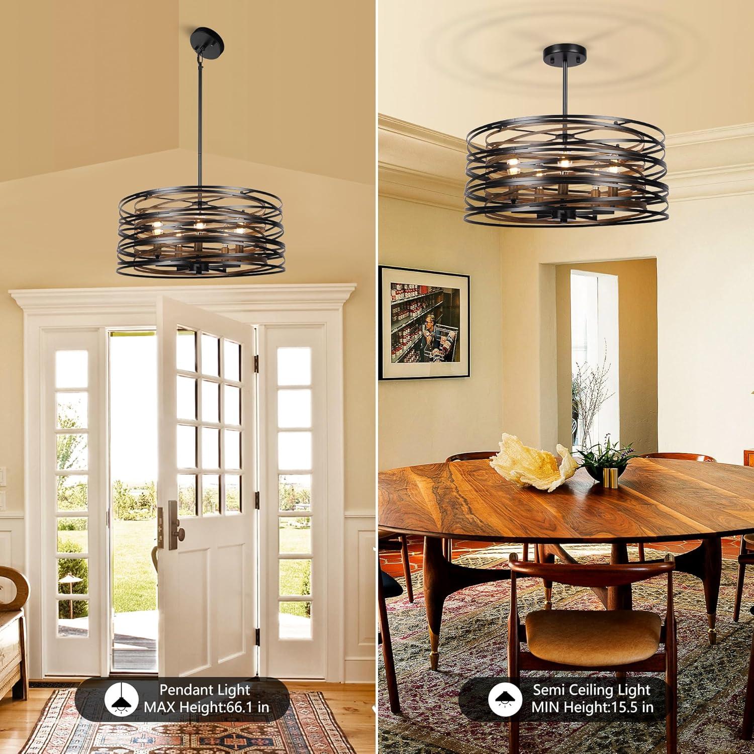 Dining Room Lighting Fixture, 5-Light Farmhouse Black Chandelier Drum Light, Round Metal with Retro Wood Texture Interior, E12 Bulbs Not Included