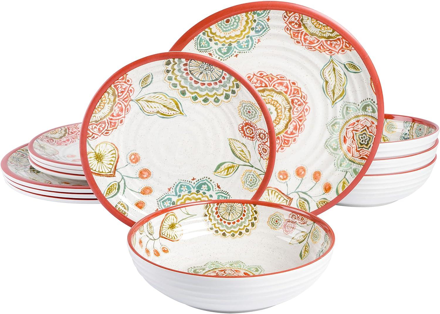Laurie Gates Brick Floral Ripple 12 Piece Melamine Dinnerware Set in Red