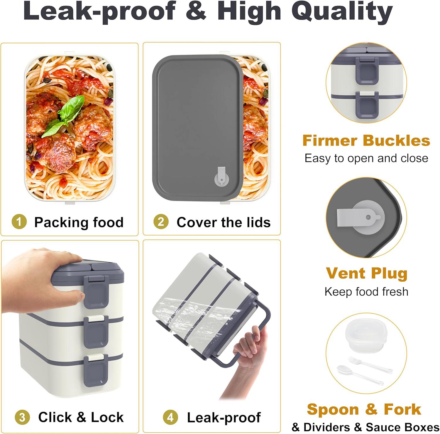 Stackable Bento Box Adult Lunch Box, 3000ML Large Capacity On-the-Go 3 Layers, Leakproof Microwave Safe Lunch Containers with Utensil Set, Dividers, Sauce Boxes for Kids and Adults