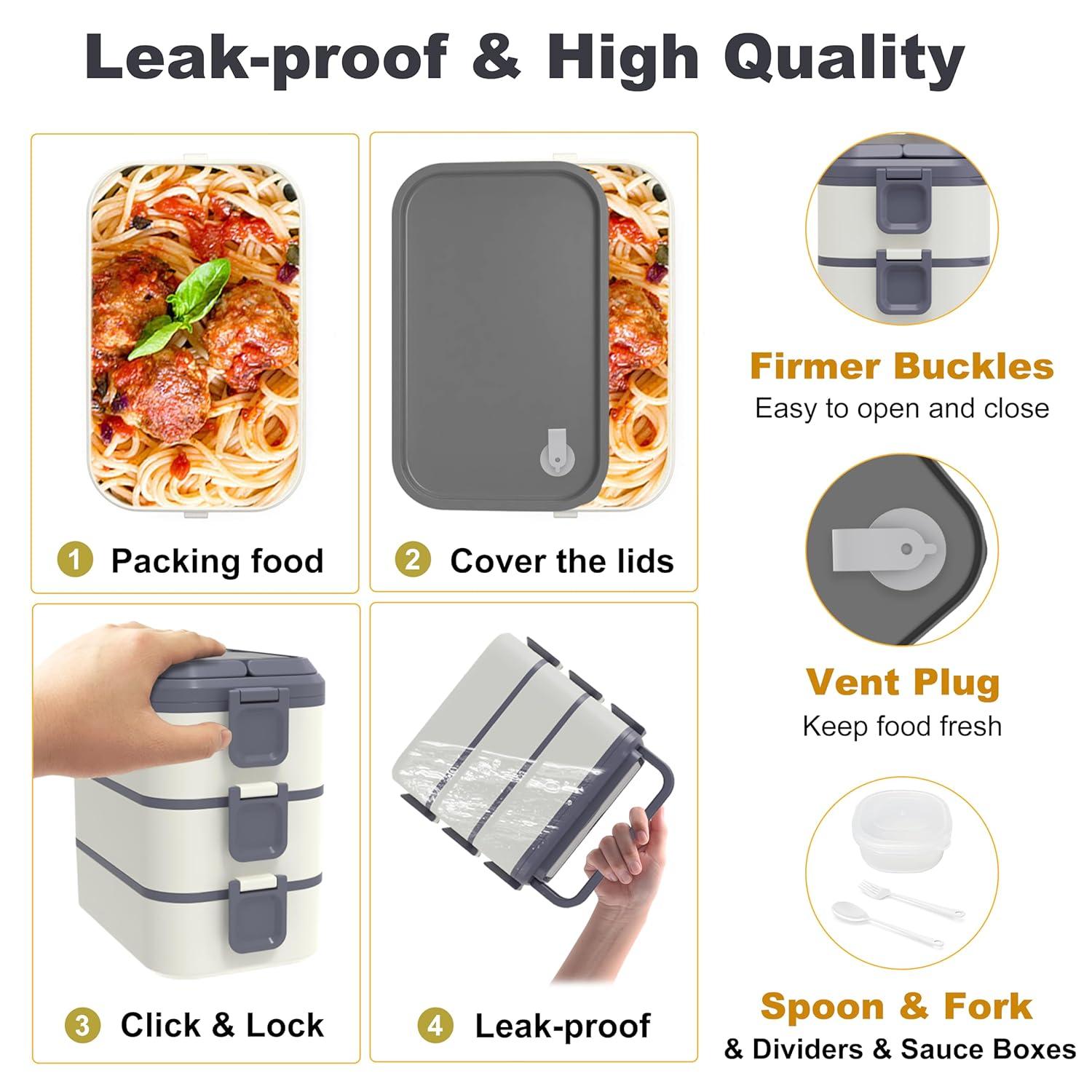 Stackable Bento Box Adult Lunch Box, 3000ML Large Capacity On-the-Go 3 Layers, Leakproof Microwave Safe Lunch Containers with Utensil Set, Dividers, Sauce Boxes for Kids and Adults