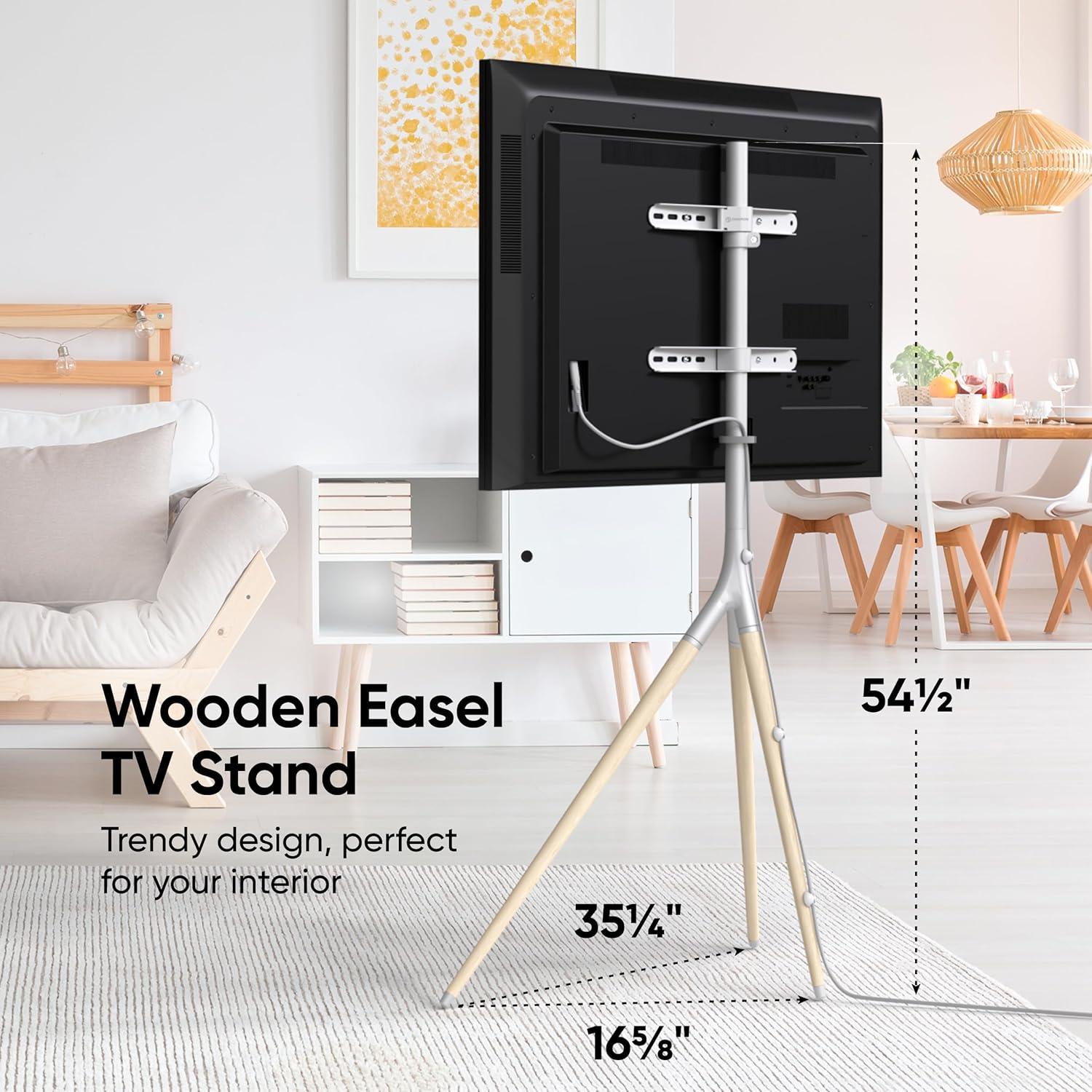 ONKRON Tripod TV Stand Wood for TVs up to 65" and 77 lbs, Swivel Floor Corner TV Stand Adjustable