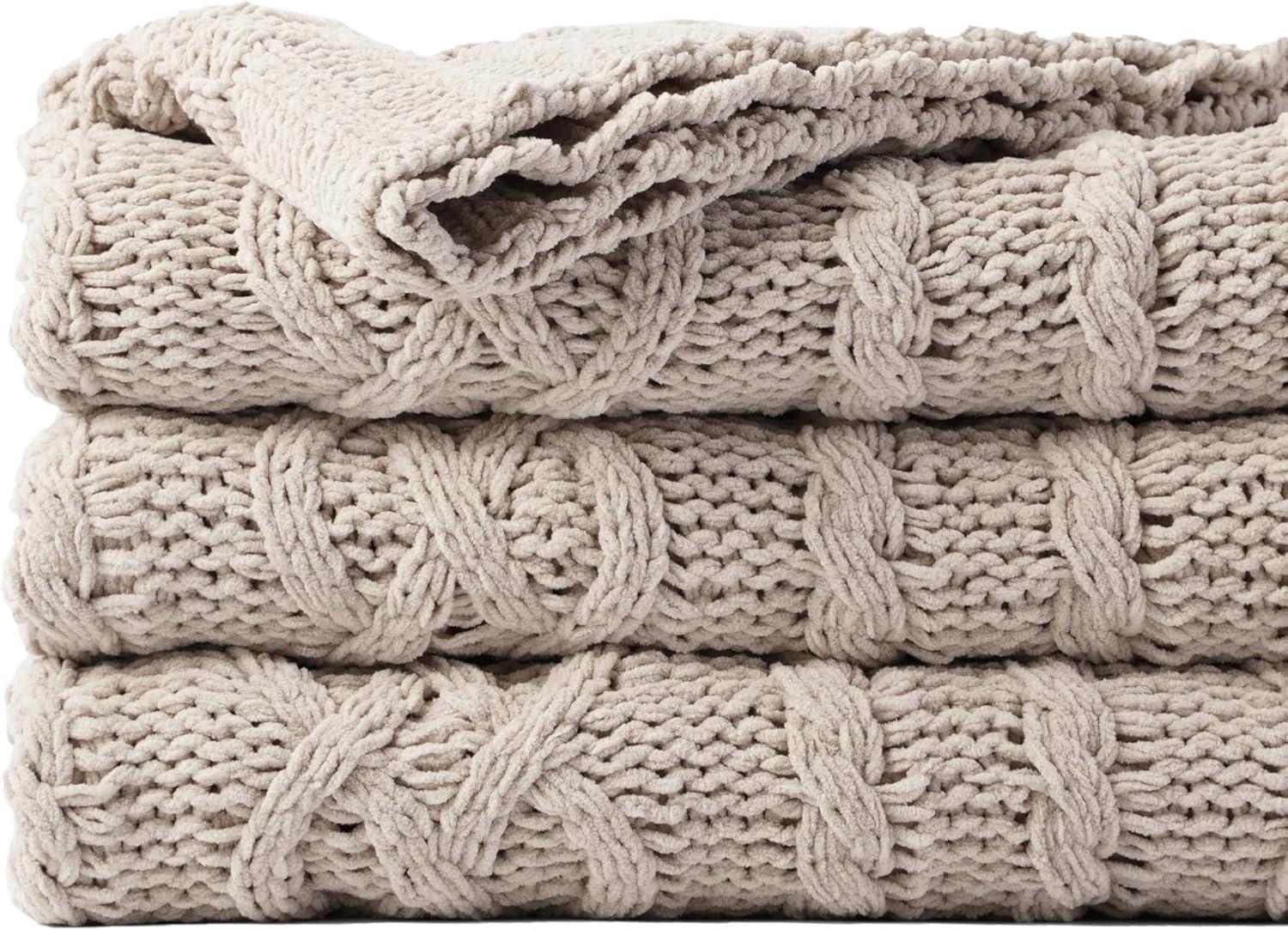 Battilo Light Grey Knitted Chenille Throw Blanket, 51" x 67"