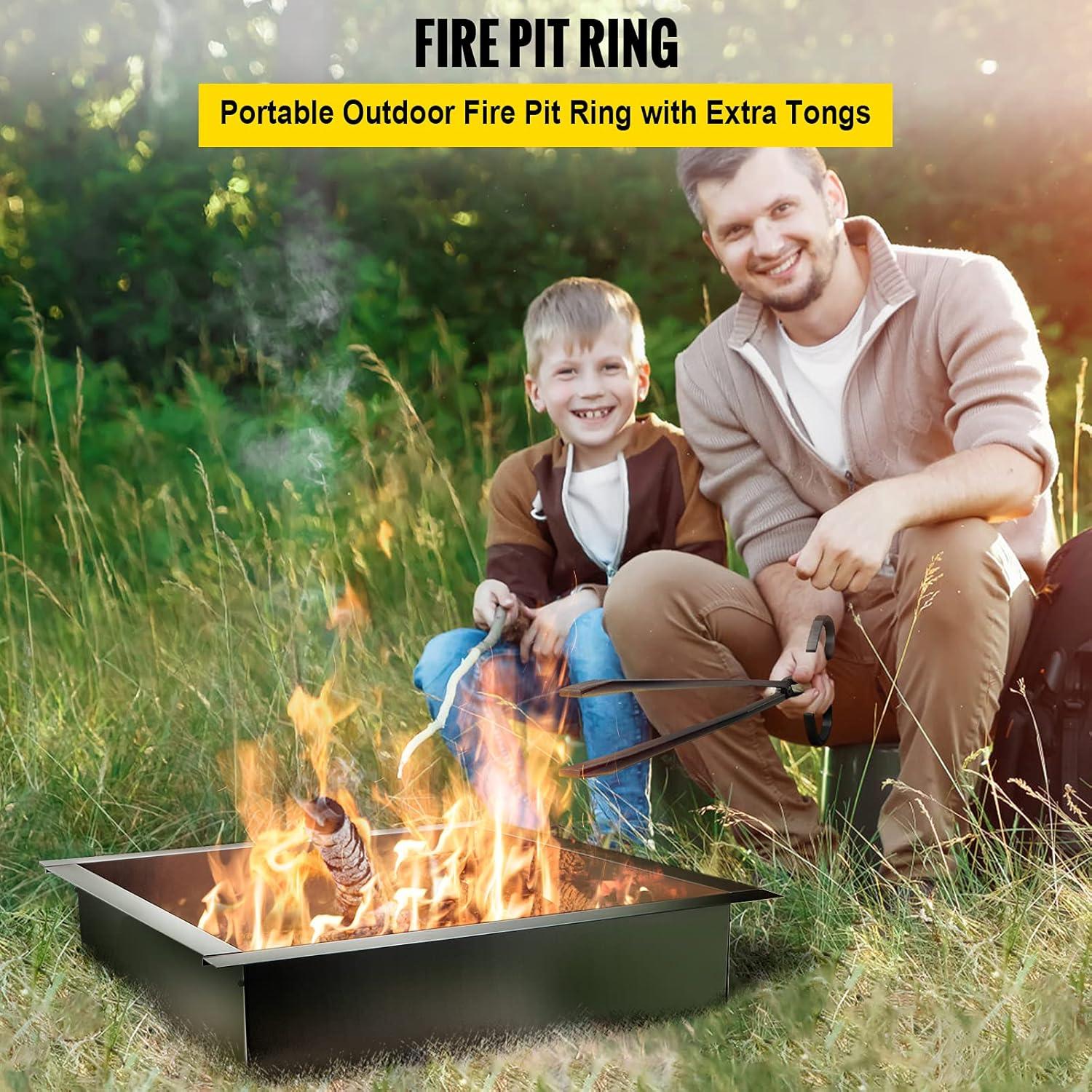 Black Steel Free-Standing Fire Pit Ring with Tongs