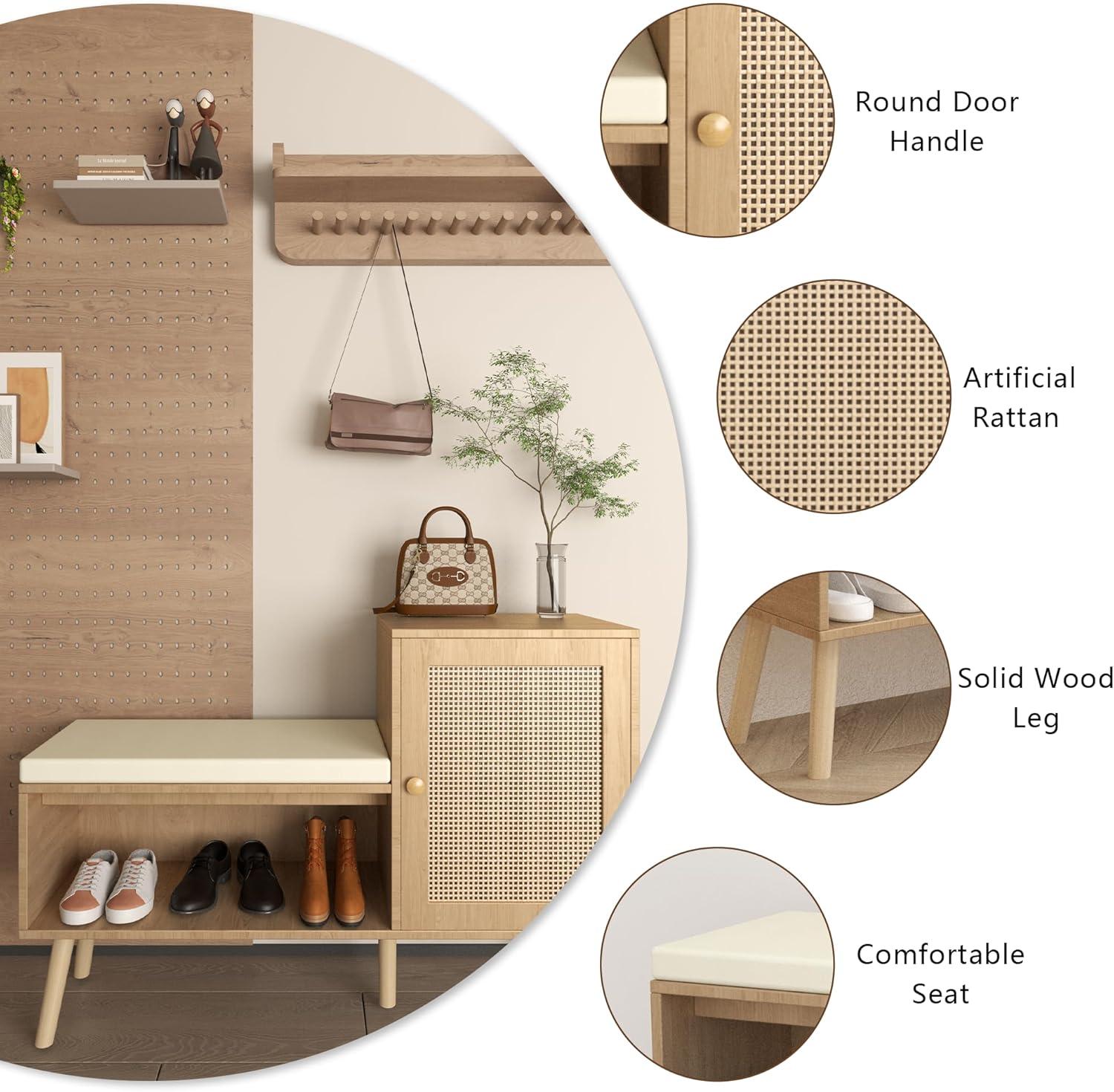 Natural Rattan Wood Shoe Storage Bench with Removable Cushion