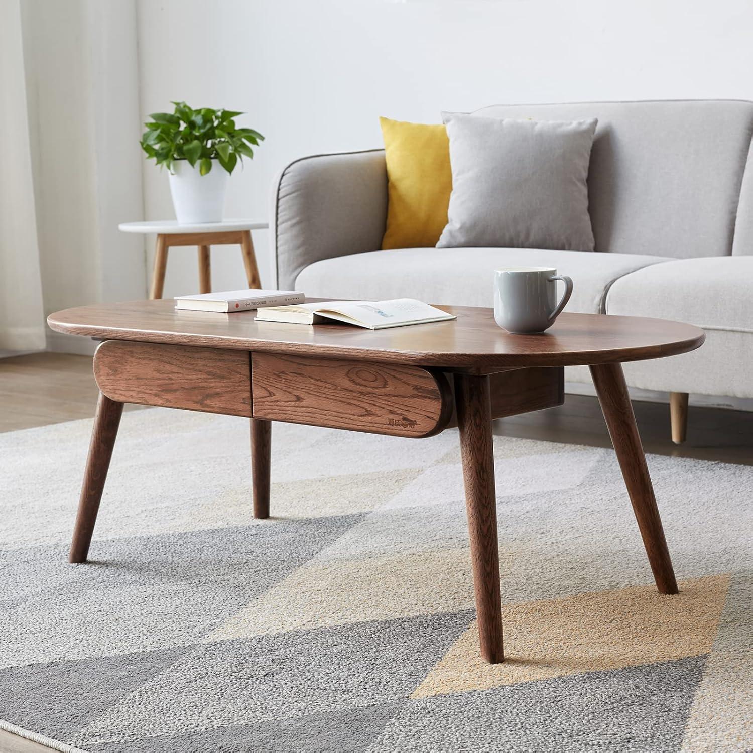 47'' Natural Oak Oval Coffee Table with Storage Drawers