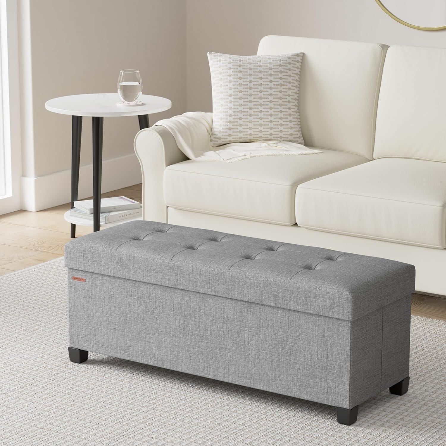 Dove Gray Linen-Look Foldable Storage Ottoman Bench with Legs