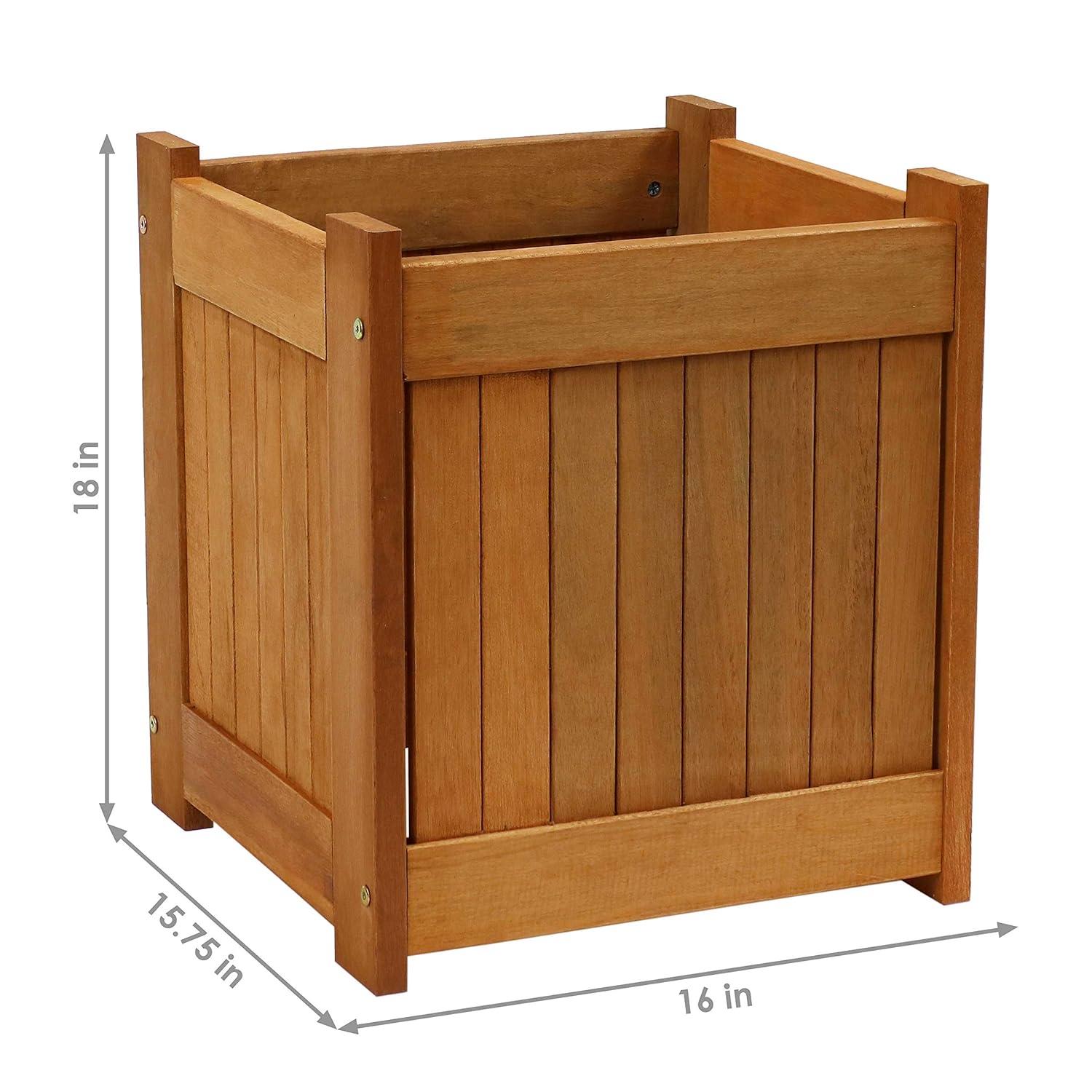 Sunnydaze Outside Meranti Wood Outdoor Planter Box with Teak Oil Finish for Garden, Porch and Patio - 16" Square