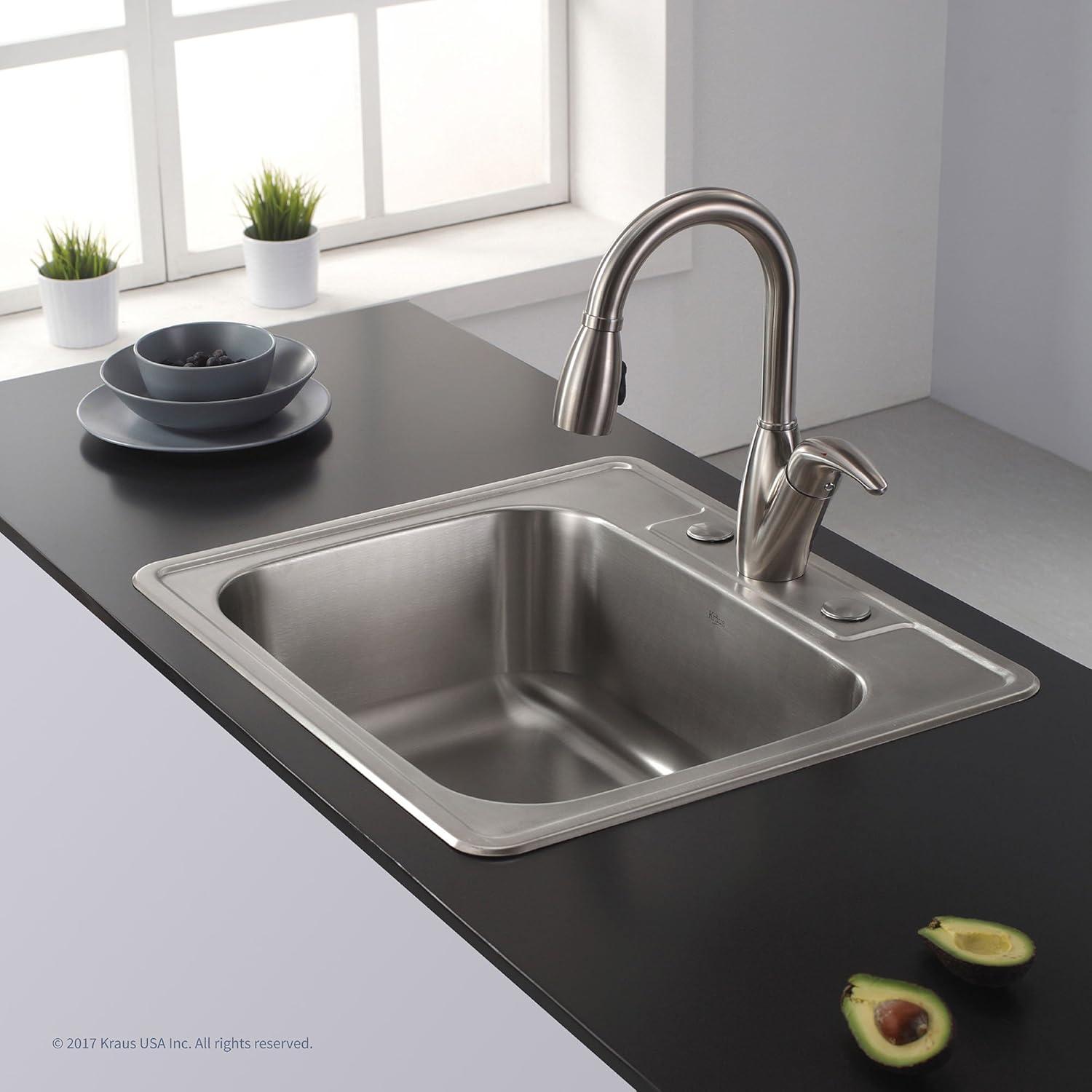 KRAUS 25 inch L Topmount Single Bowl 18 Gauge Stainless Steel Kitchen Sink with NoiseDefend Soundproofing