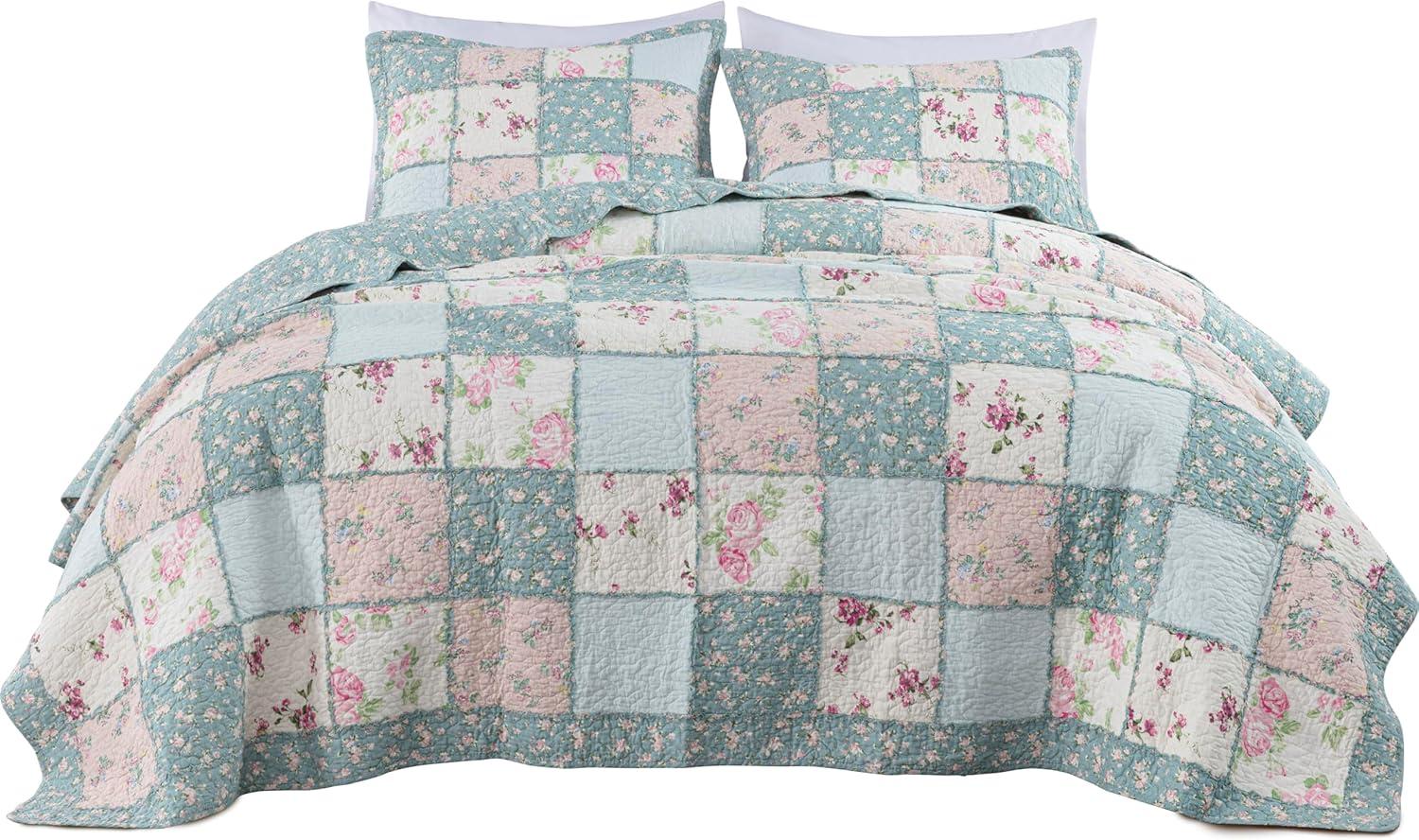 Chezmoi Collection 3-Piece Floral Pre-Washed Cotton Ruffle Trim Patchwork Quilt Set, Queen