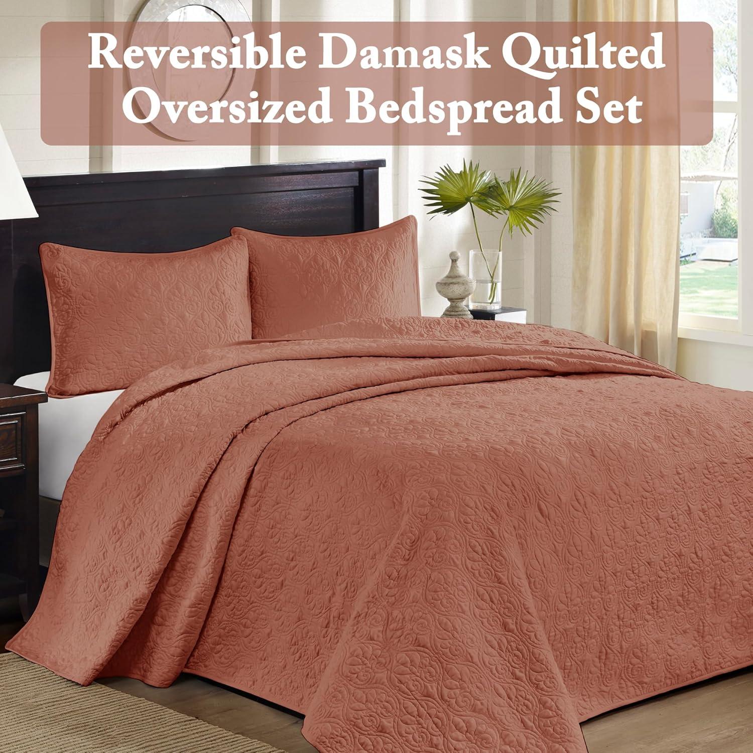 Madison Park Bedspread Set Reversible Damask Quilted Oversized Coverlet, Cotton-Filled Quilts Oversized, All Season, Lofty & Warm Bedspread, Quebec, Clay Red 3 Piece