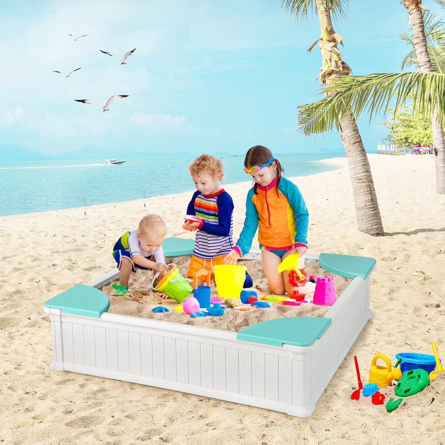 Spaco Kids Outdoor Sandbox with Oxford Cover and 4 Corner Seats, Backyard Sandbox, Kids Sand Activity Sensory Play Pit, Toddler Summer Outdoor Toys, 1+ Years Old