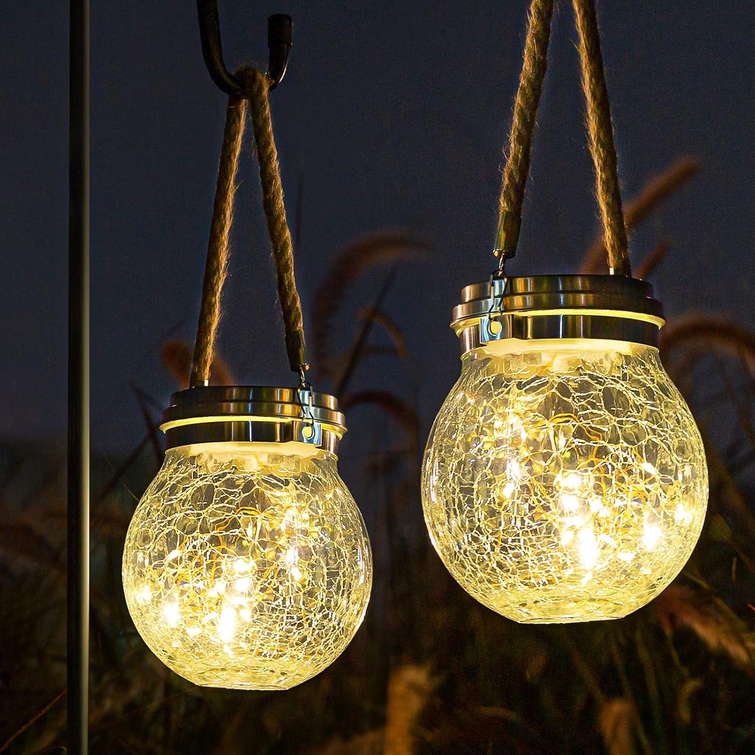 Warm White Crackled Glass Solar Powered Outdoor Lanterns