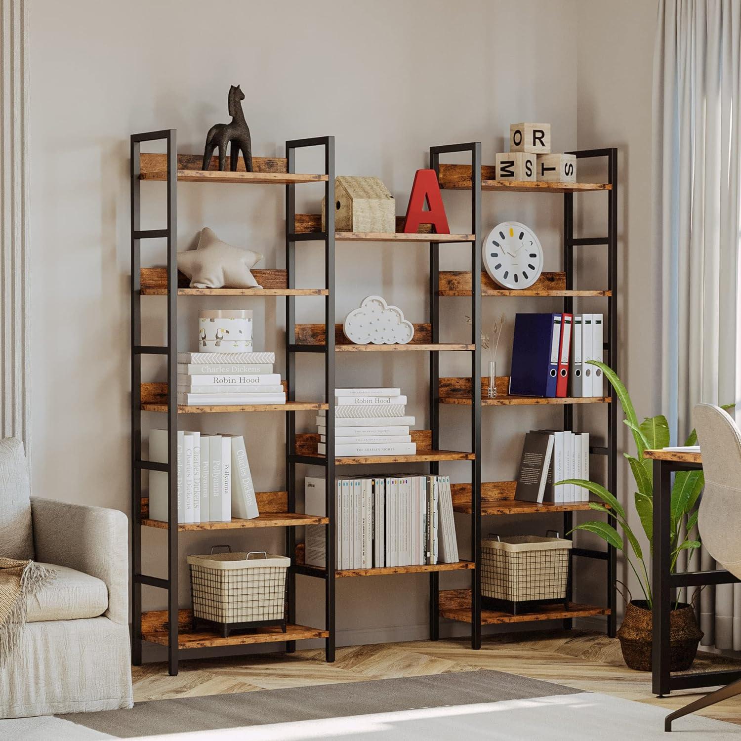 Industrial Brown Triple Wide 5-Tier Bookshelf with Metal Frame