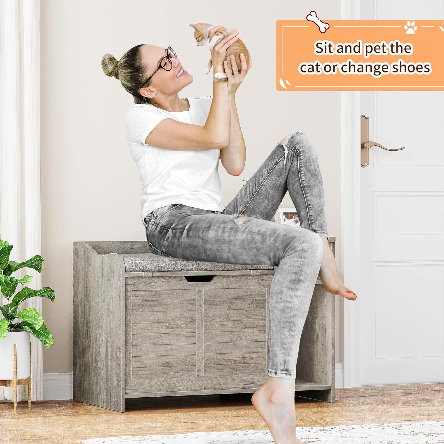 Litter Box Enclosure with Top Opening with Cushion, Cat Litter Box Furniture Hidden, Litter Box Hidden, Cat House, Privacy Cat Litter Box Cabinet Grey